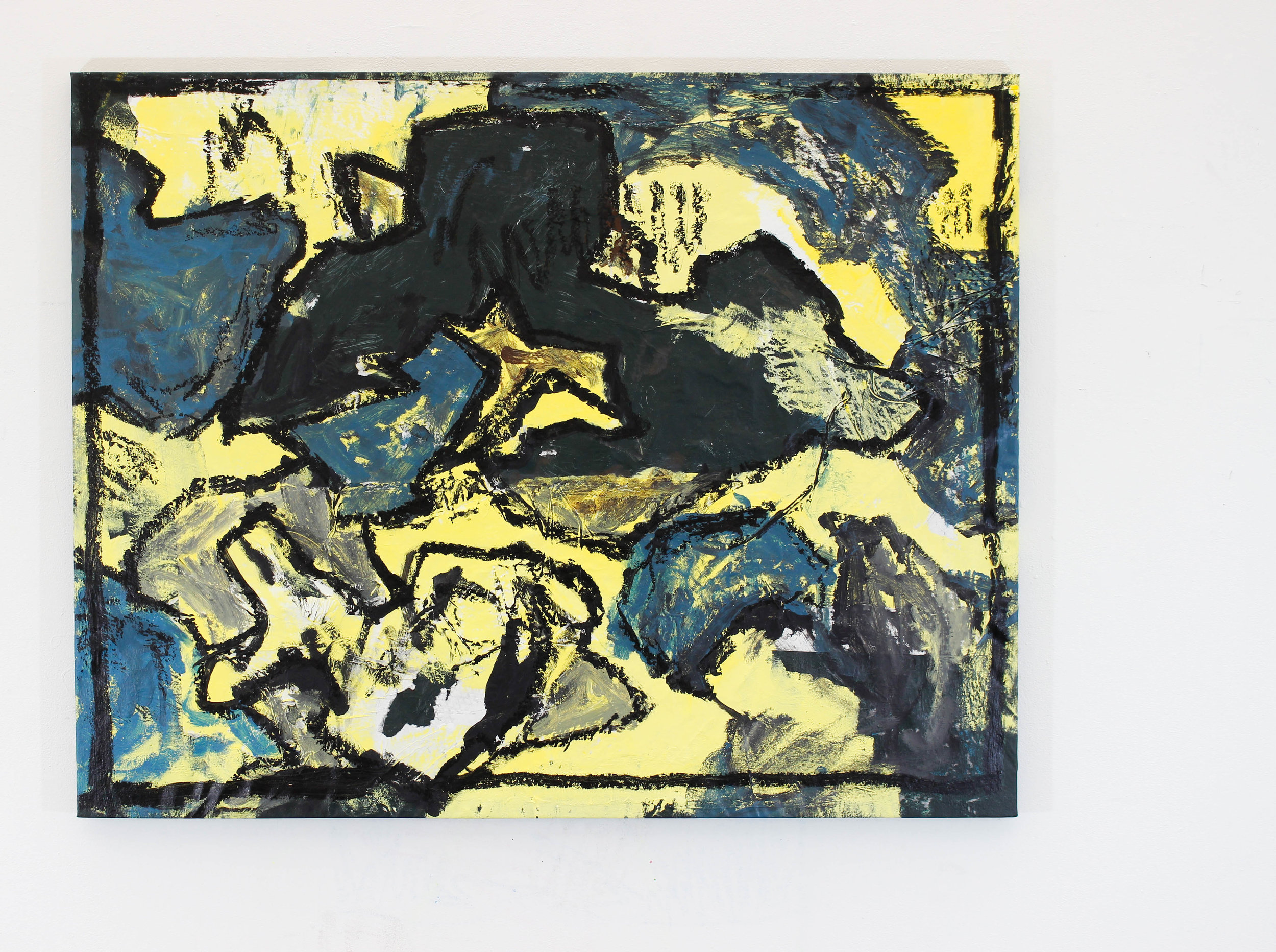 “CAMO” / 2019 ACRYLICS, INTERIOR PAINT, OILSTICK AND PAPER ON CANVAS 150 X 118 CM 12 500 NOK