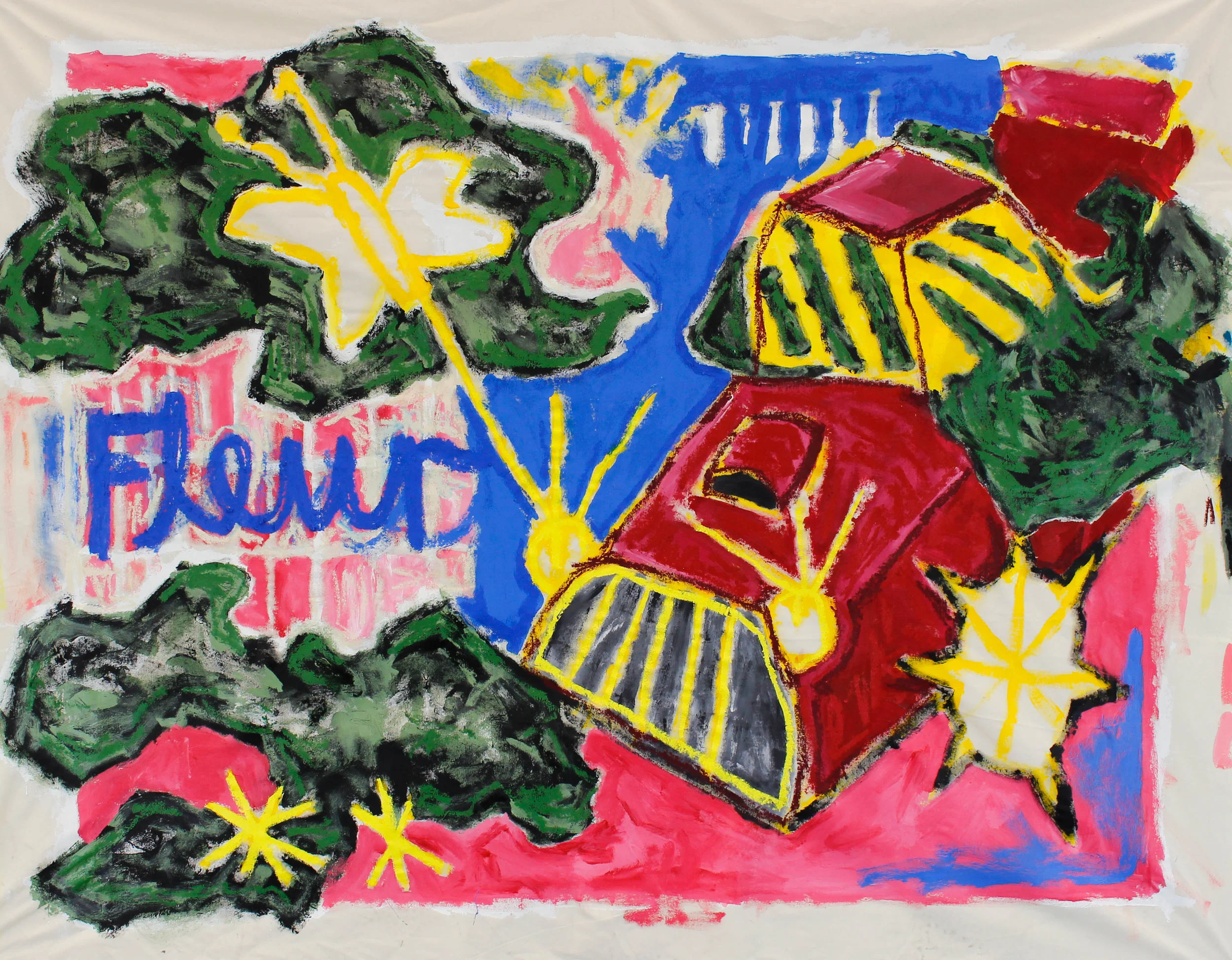 “UNTITLED (FLEUR)” / COLLABORATION WITH TYLER METZGER / 2019 ACRYLICS, INTERIOR PAINT AND OILSTICK ON UNSTRETCHED CANVAS APPROX. 190 X 150 CM (185 X 145 CM STRETCHED UP) 16 000 NOK