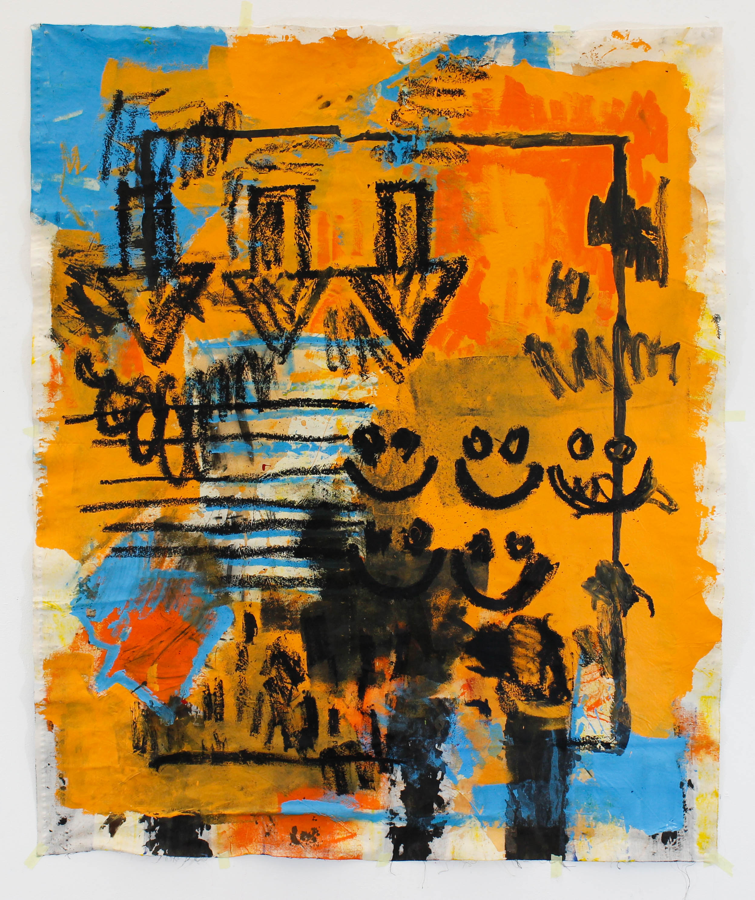 “UNTITLED (WALL)” / 2019 ACRYLICS, INTERIOR PAINT, INK, COAL AND OILSTICK ON UNSTRETCHED CANVAS APPROX. 150 X 185 CM (140 X 170 CM STRETCHED UP) 15 000 NOK