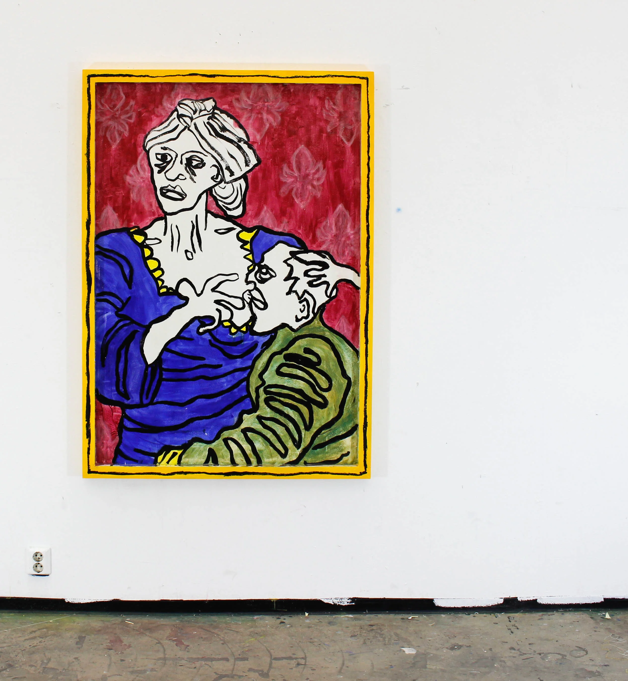 “FATHER DAUGHTER” / 2018 ACRYLICS, SPRAYPAINT AND CLEAR GLOSS RESIN ON WOODEN PLATE W/ FRAME 103 X 135 CM 12 500 NOK