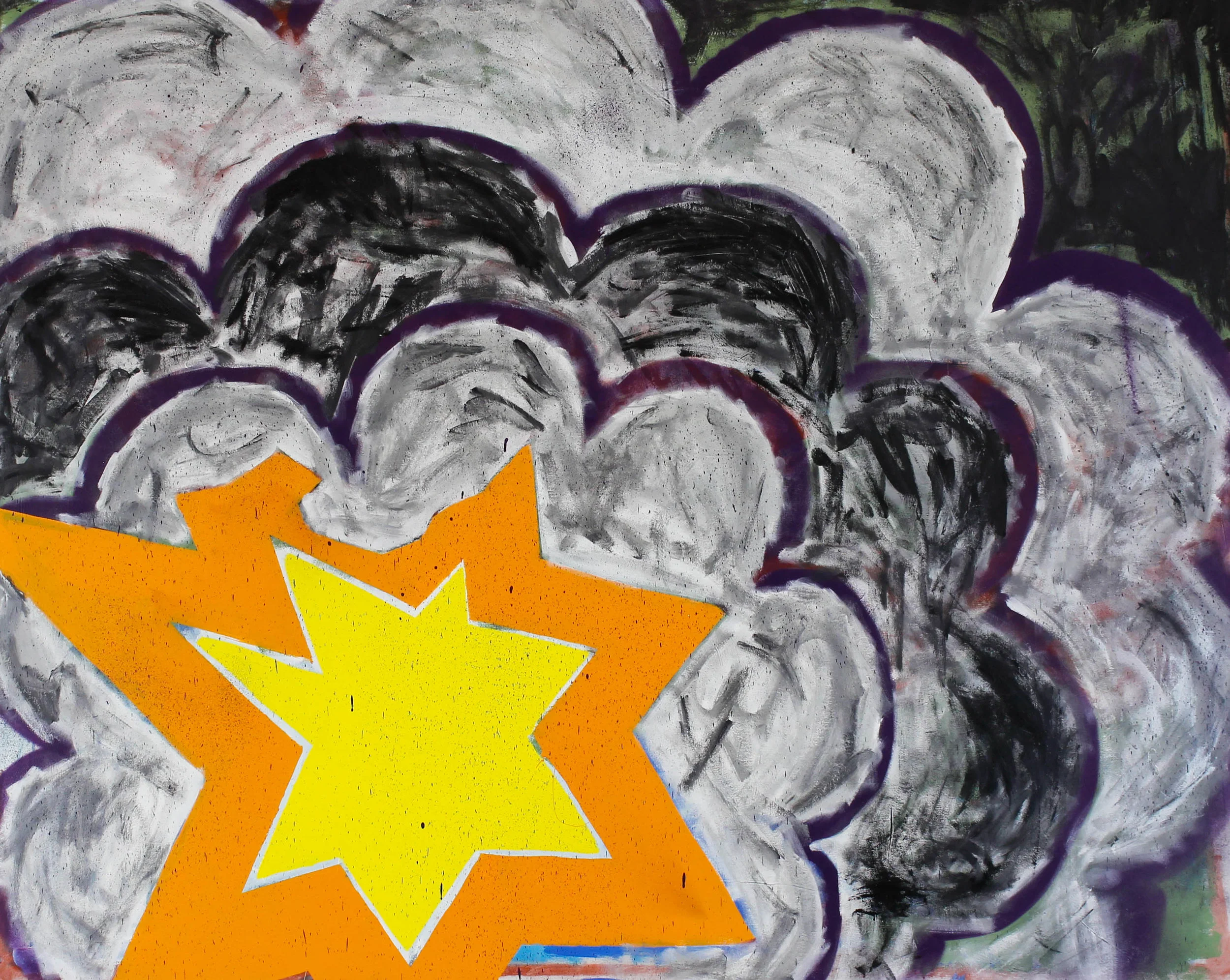 “BOOM” / 2019 ACRYLICS, INTERIOR PAINT, SPRAYPAINT AND OILSTICK ON CANVAS 167 X 132 CM 15 000 NOK
