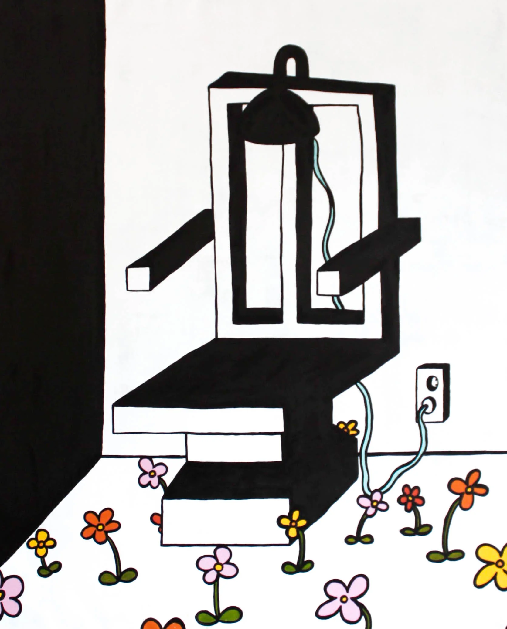 “ELECTRICAL CHAIR” / 2017 METAL PAINT AND ACRYLICS ON ROLLER BLIND 146 X 180 CM 12 000 NOK
