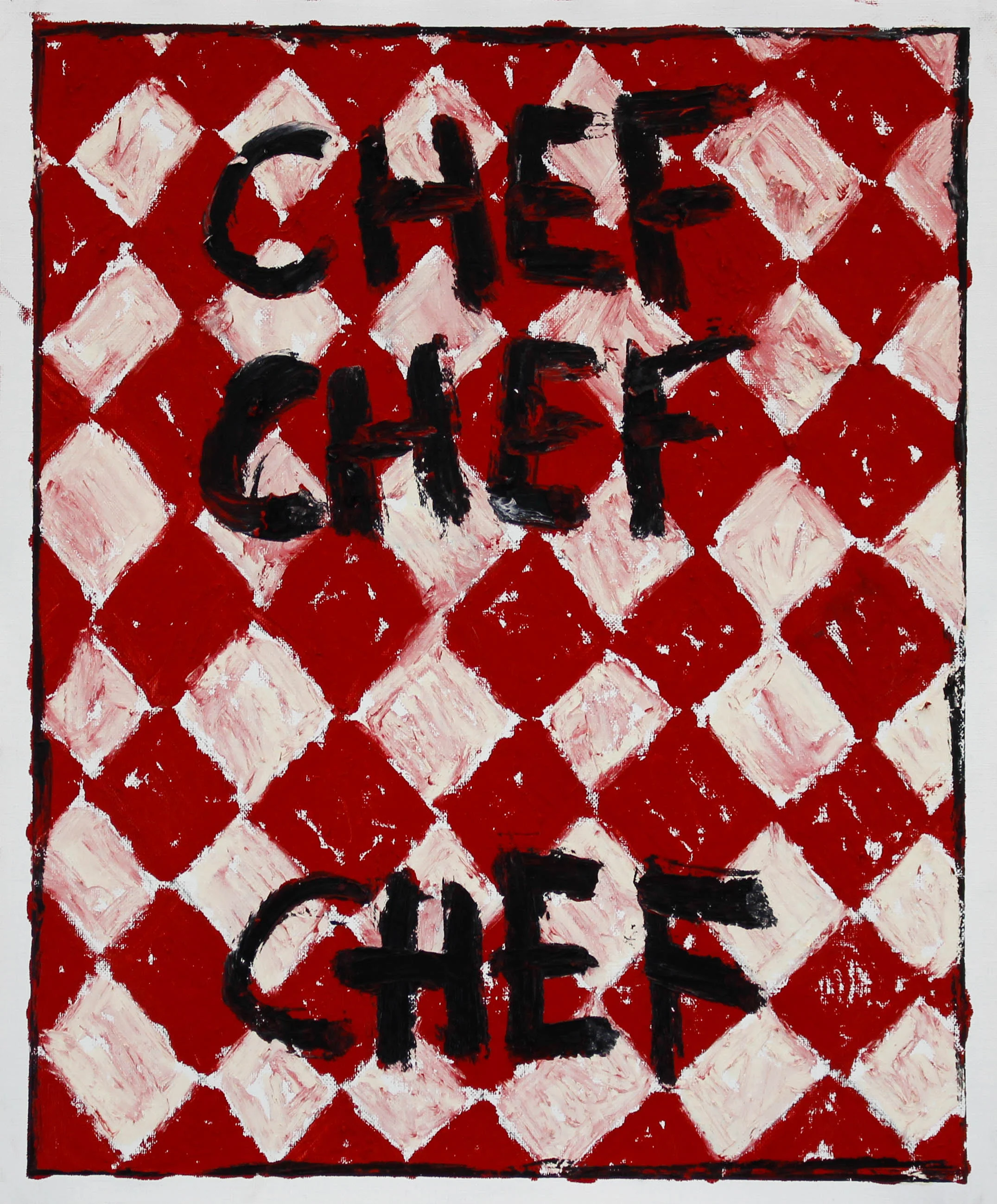 “CHEF X 3” / 2019 OILSTICK ON UNSTRETCHED CANVAS FRAMED IN WHITE WITH ARTGLASS AR70 42 X 51 CM SOLD