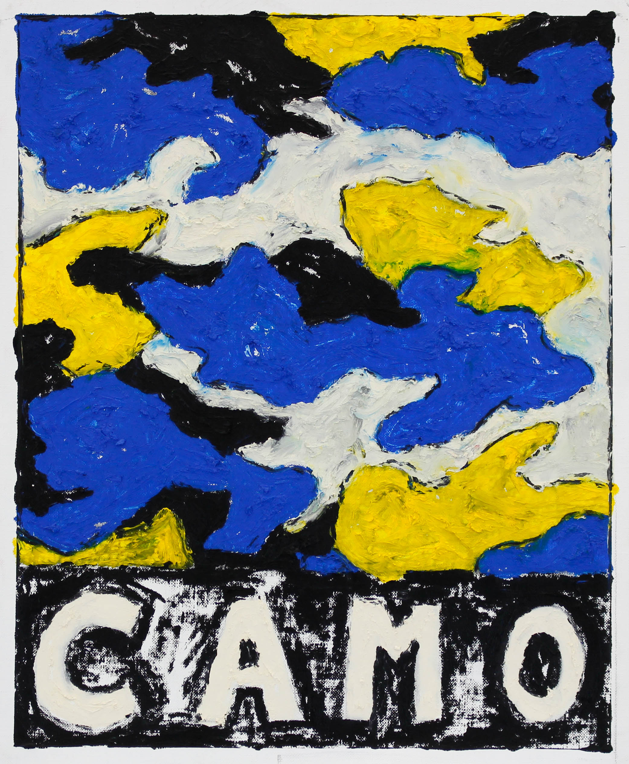 “CAMO (BLU/YLW/WHT/BLCK)” / 2019 OILSTICK ON UNSTRETCHED CANVAS FRAMED IN WHITE WITH ARTGLASS AR70 42 X 51 CM 4900 NOK
