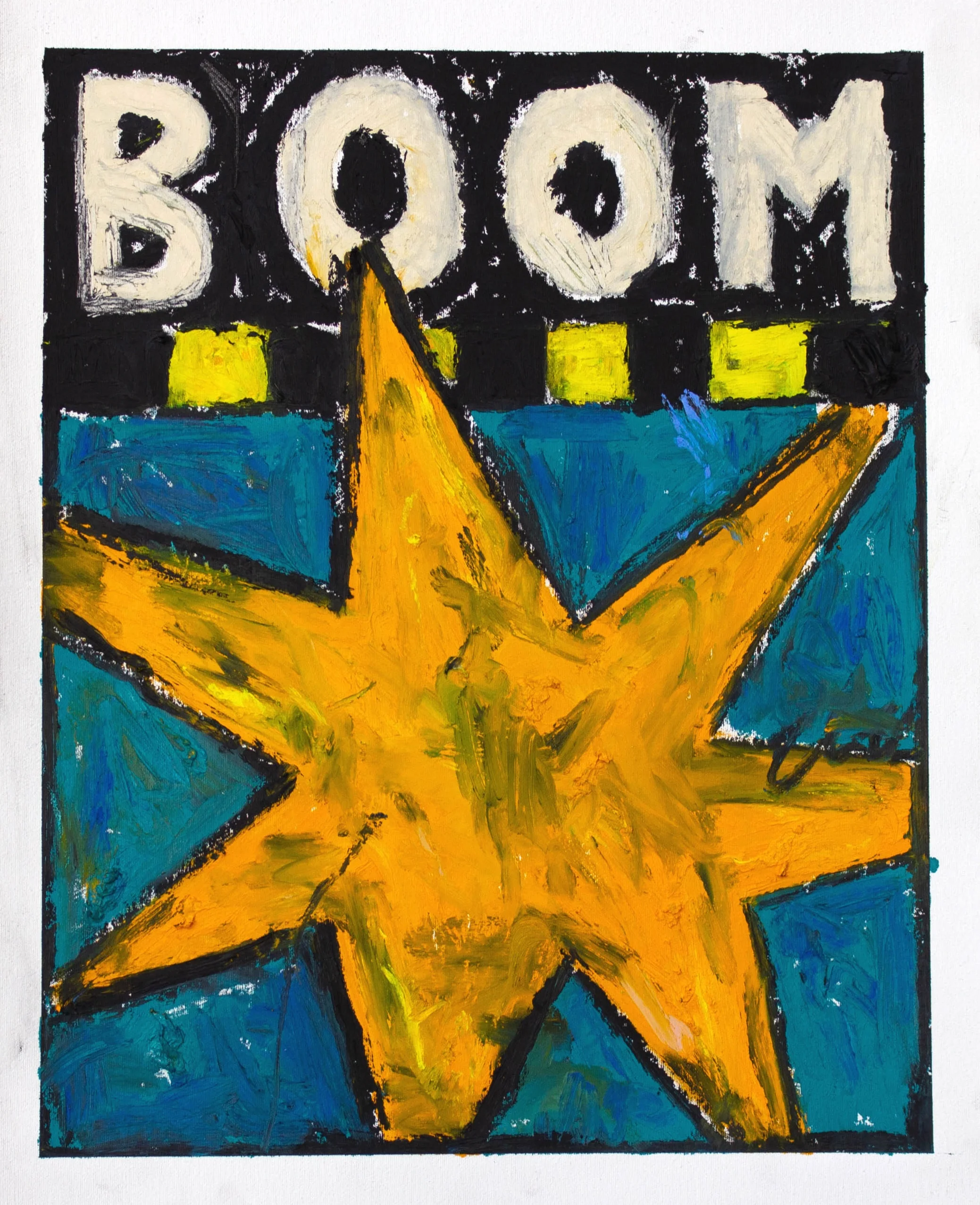 “BOOM” / 2019 OILSTICK ON UNSTRETCHED CANVAS FRAMED IN WHITE WITH ARTGLASS AR70 42 X 51 CM 4900 NOK