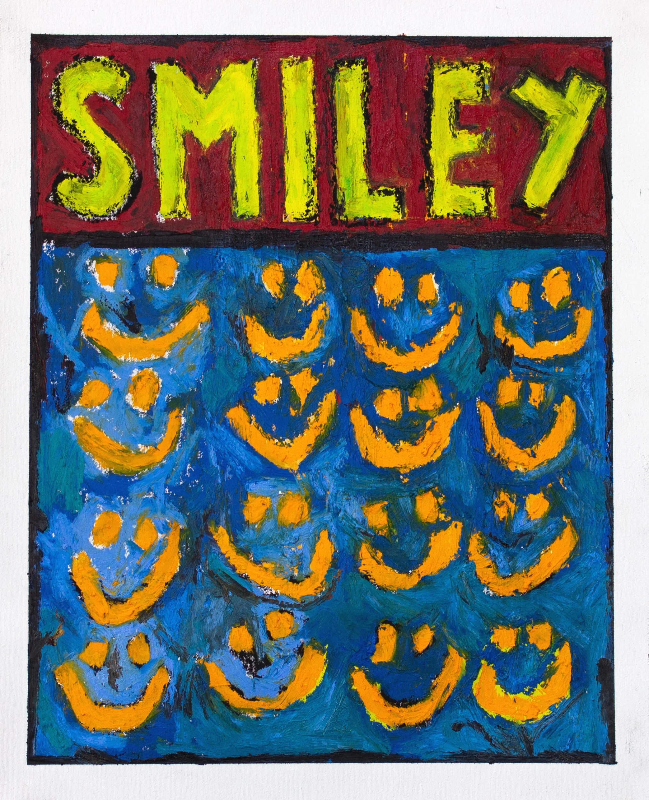 “SMILEY CHART” / 2019 OILSTICK ON UNSTRETCHED CANVAS FRAMED IN BLACK WITH ARTGLASS AR70 42 X 51 CM 4900 NOK