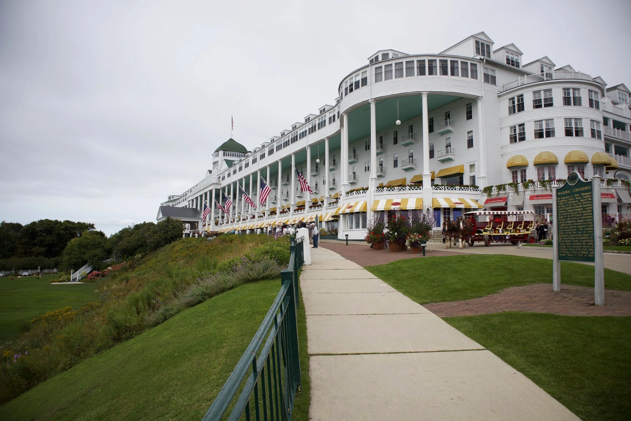The Grand Hotel from land. As you walk up to the hotel there is a sign stating the dress code after 6pm. Gentleman must wear coats and ties and women can not wear pants. I didn’t bring a tie and Suze didn’t like the idea of removing her pants so we couldn’t stay in the hotel.