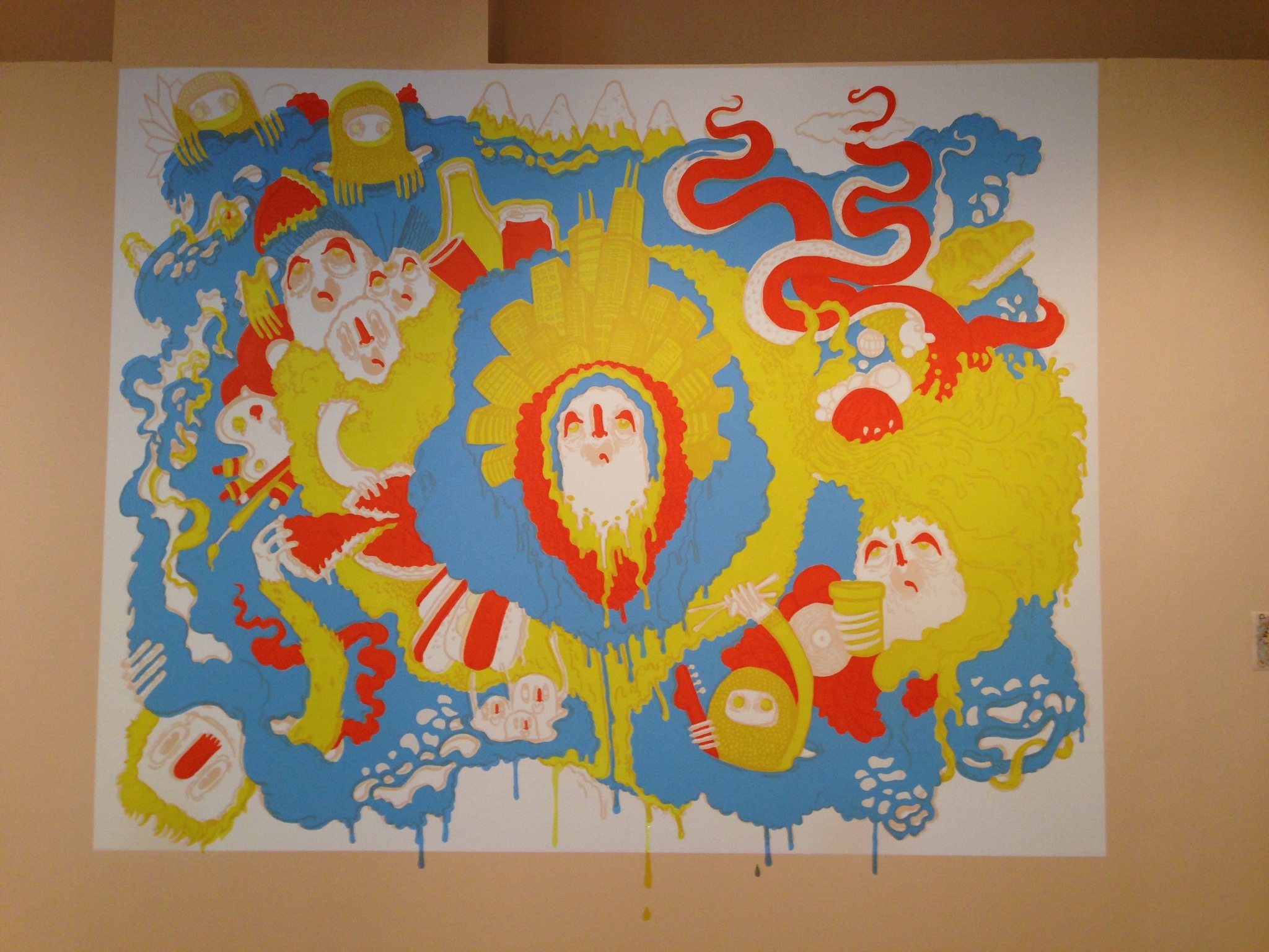 A progress shot of the mural after colors were entirely blocked in.