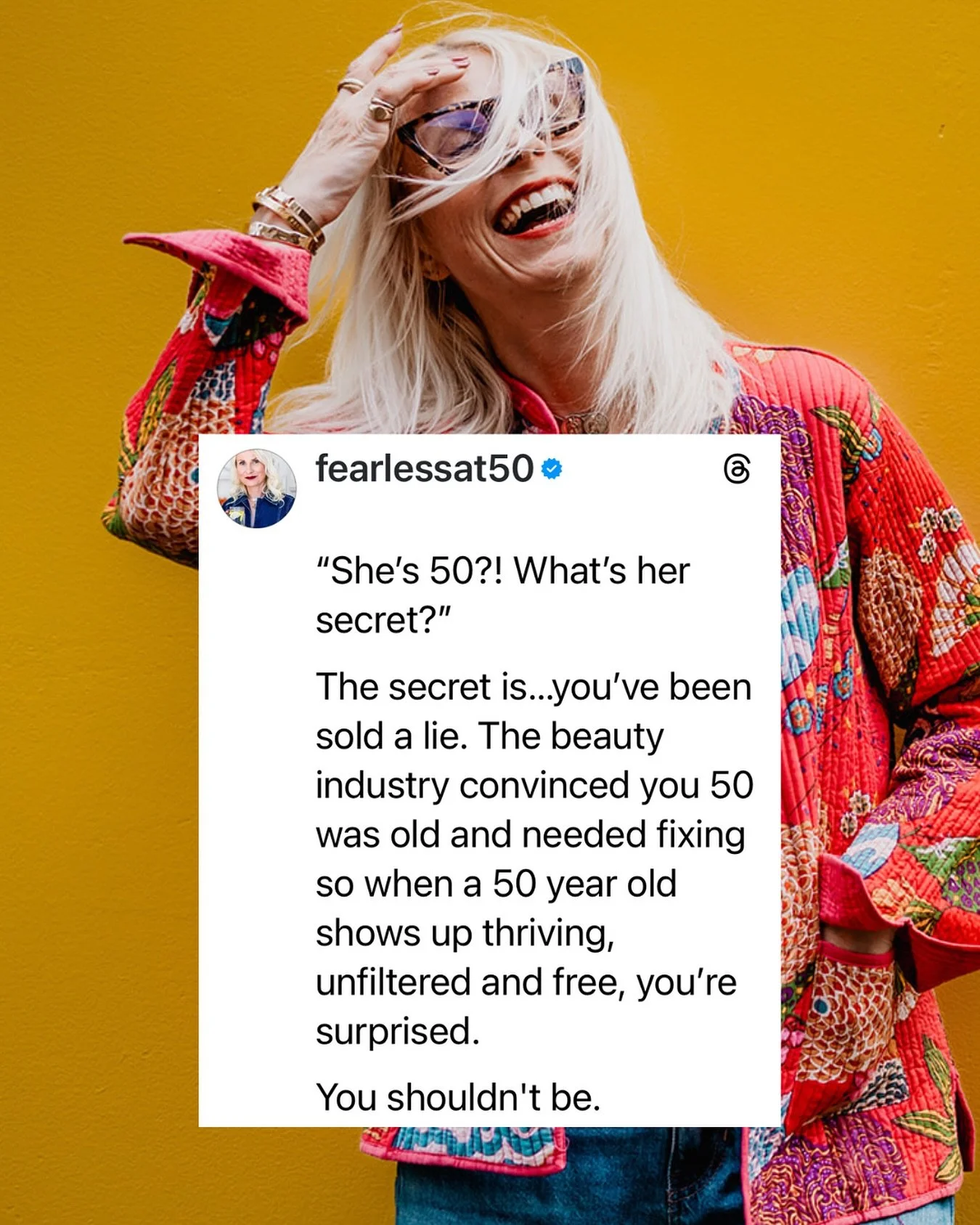 Don&rsquo;t fall for the lie that 50 years old and therefore needs fixing. 

#midlife #midlifewomen #over50women #antiageism #ageism #proage #positiveageing