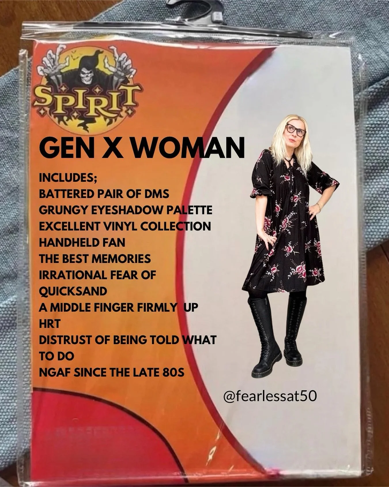 This Halloween, I&rsquo;m dressing up as a Gen X woman. 
 
Old pair of DMs ✔️
Handheld fan ✔️
Angry AF ✔️

Wanna join me? 

#genxwoman #genxwomen #over50women #over50woman #midlifewoman