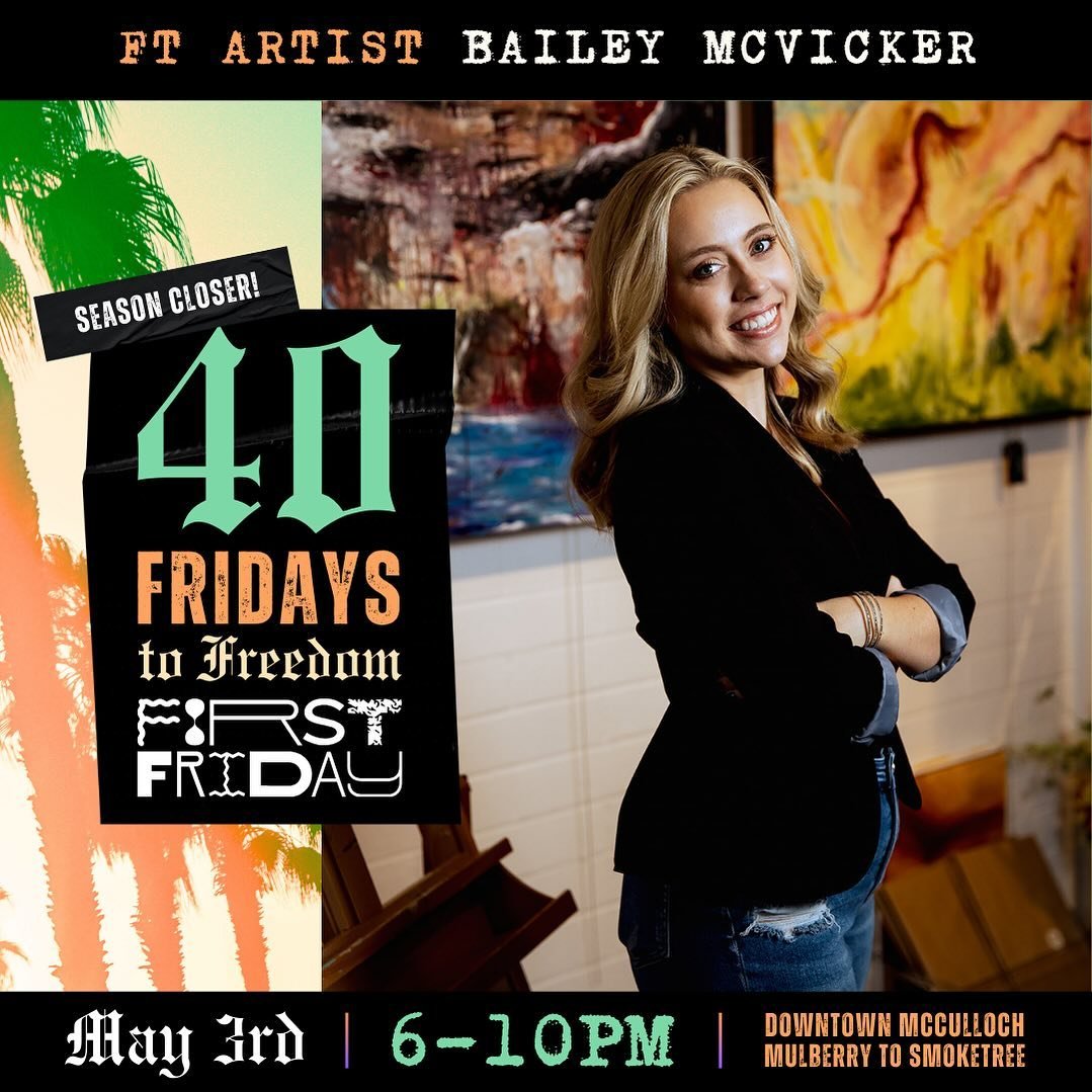 🌴FIRST FRIDAY // MAY 3RD // 6-10PM🌴
🌞40 Fridays to Freedom🌞

✨Bring back April&rsquo;s Ft. Artist Bailey McVicker✨
We wanted to give her another shot at being in @yard.city since April got rained out!

🎨How did you get into this&nbsp;medium?
I s