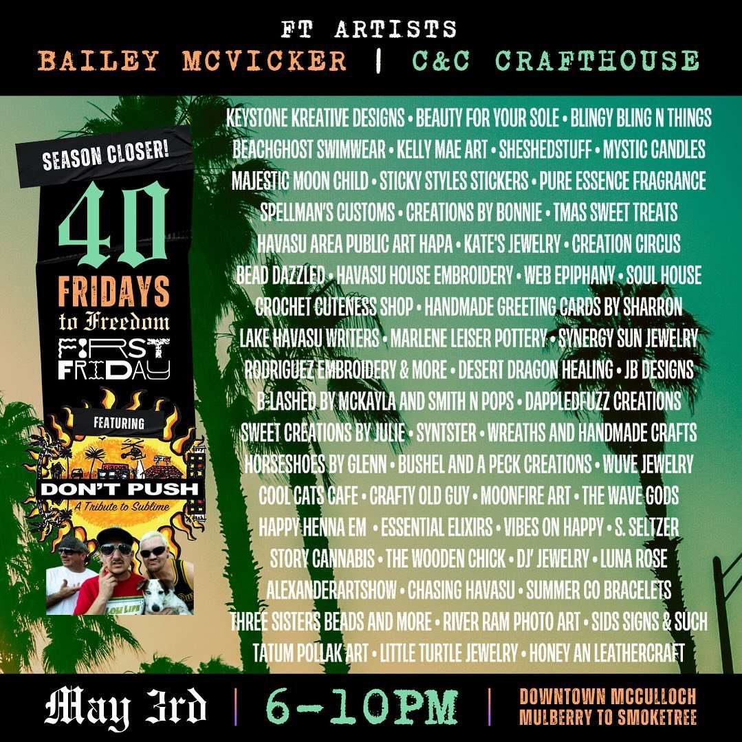 🌴TONIGHT // FIRST FRIDAY // MAY 3RD // 6-10PM🌴
🌞40 Fridays to Freedom🌞
✨Extended hours // Season Finale✨

🎸 @legadodorado0fficial 6-6:30pm &amp;&amp; @dontpushofficial 7-10pm @ YardCity

🍻 Vintage Trailer with Local Brews, Cocktails, &amp; Wine