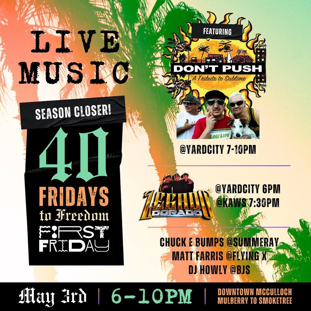 🌴TONIGHT // FIRST FRIDAY // MAY 3RD // 6-10PM🌴
🌞40 Fridays to Freedom🌞
✨Extended hours // Season Finale✨

✨Artists, Vendors, Food, Drinks, and OF COURSE your Live Music Lineup in DTLH! 🤘🏽🎹🎸🥁

🎶 Live music throughout DTLH Restaurants and Bar