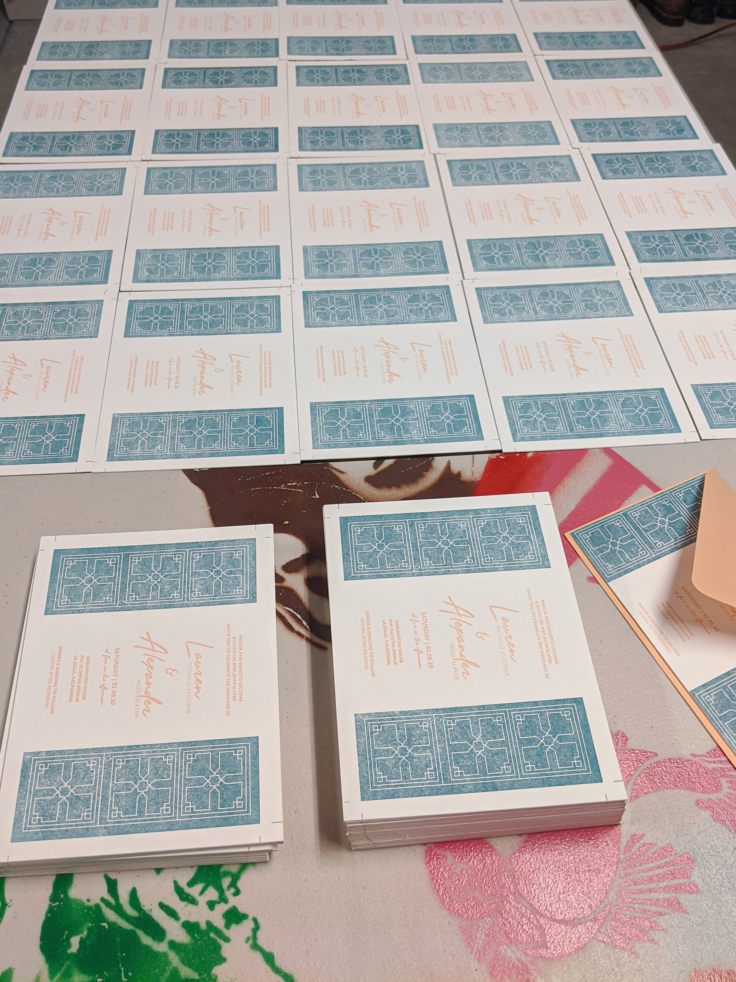  Invitations ready for their final trim! I used a TON of the teal ink, so I ended up lining these cards up and allowing them time to ‘dry’. Typically, this isn’t necessary, but I wanted to be extra careful. 