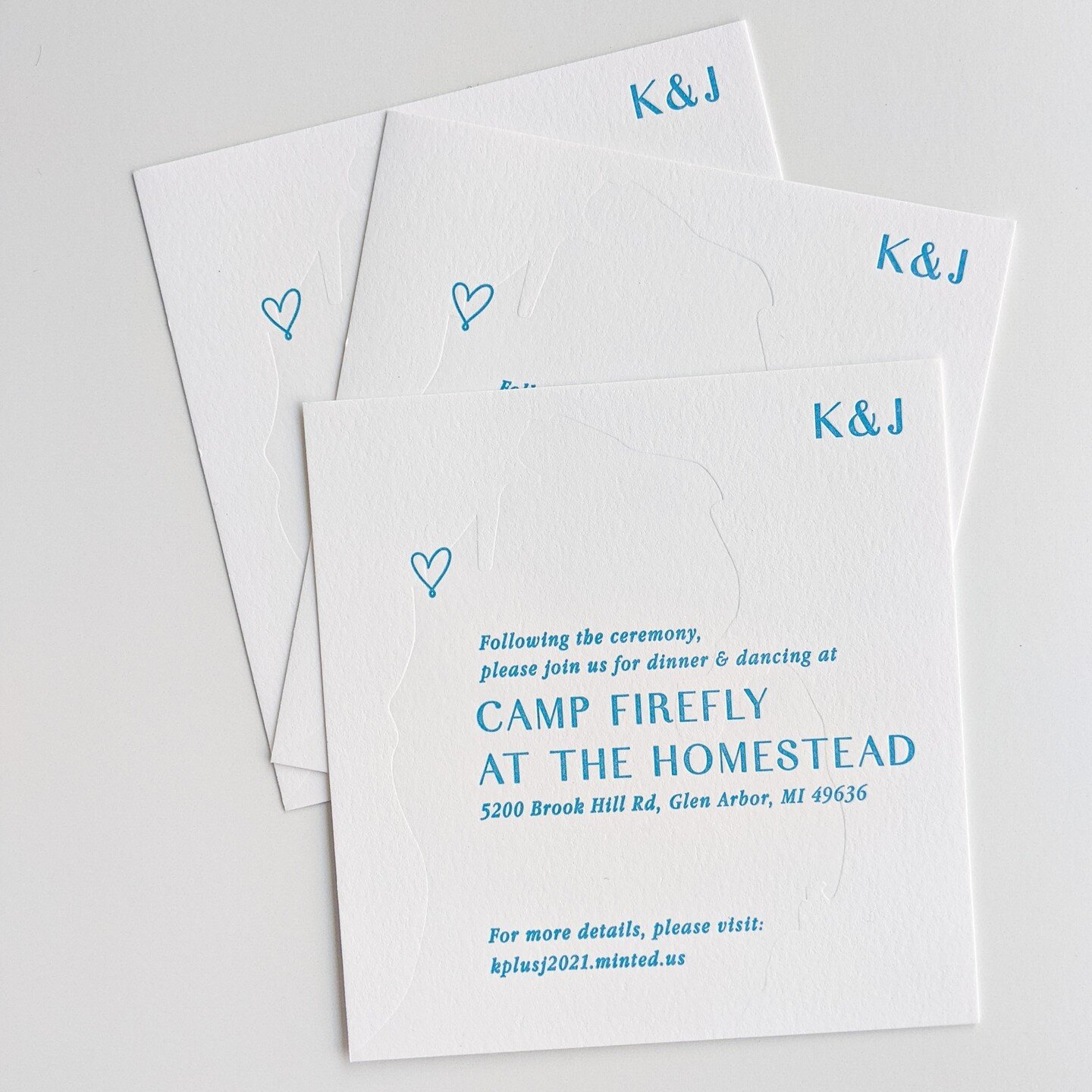 The lighting is always tricky with blinds but this details insert features a SUPER light tonal blind impression of Michigan state with a classic italicized serif in a summery lake blue ink for the details. We used the heart to indicate the general ar