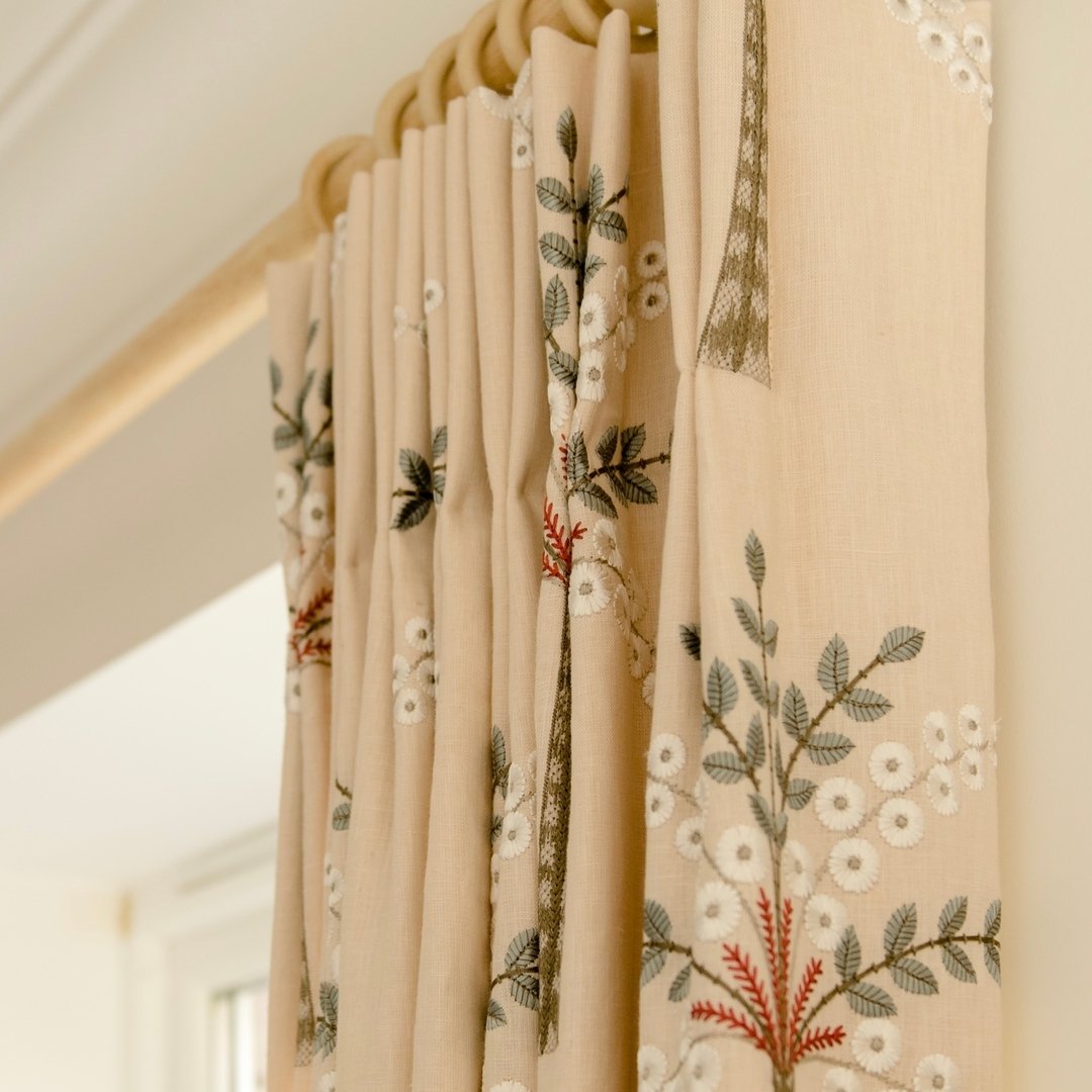 We do love an embroidered fabric here, the subtle raised elements on the fabric that add style and interest. Here's a Sanderson fabric from the Palm Grove collection made in to curtains with a pinch pleat.​​​​​​​​
​​​​​​​​
There are many fabrics out 