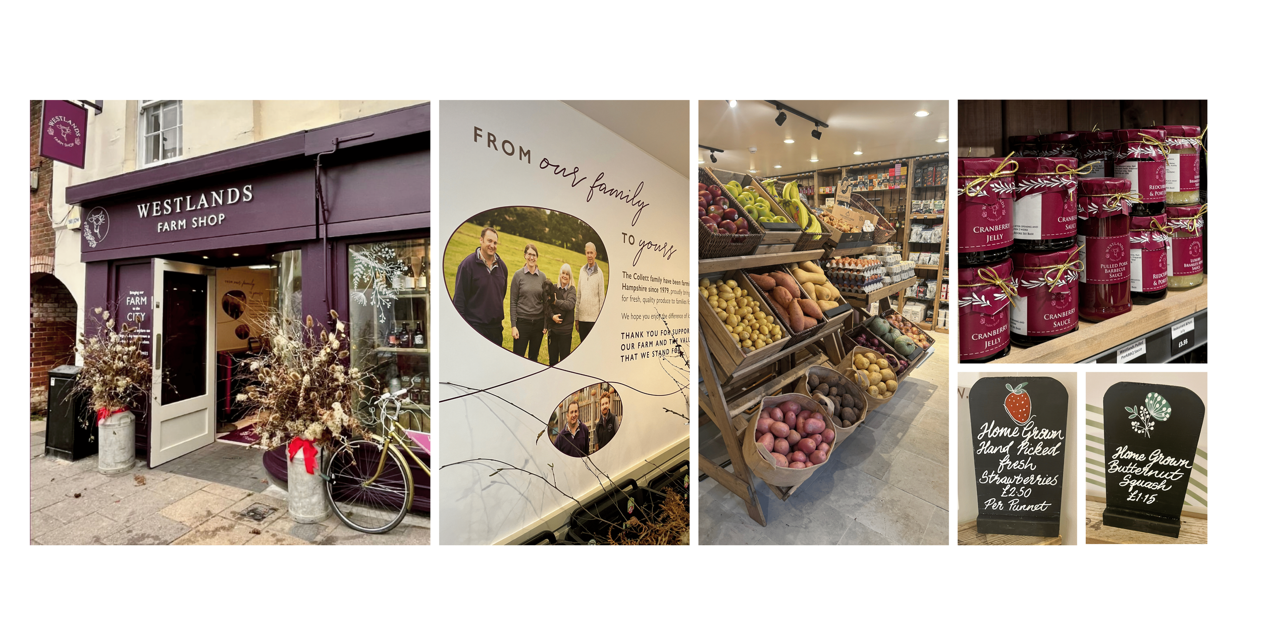 City centre farmshop exterior, custom storytelling graphics, farmshop interior, branding on walls and exterior, custom blackboard signing, fresh produce on display