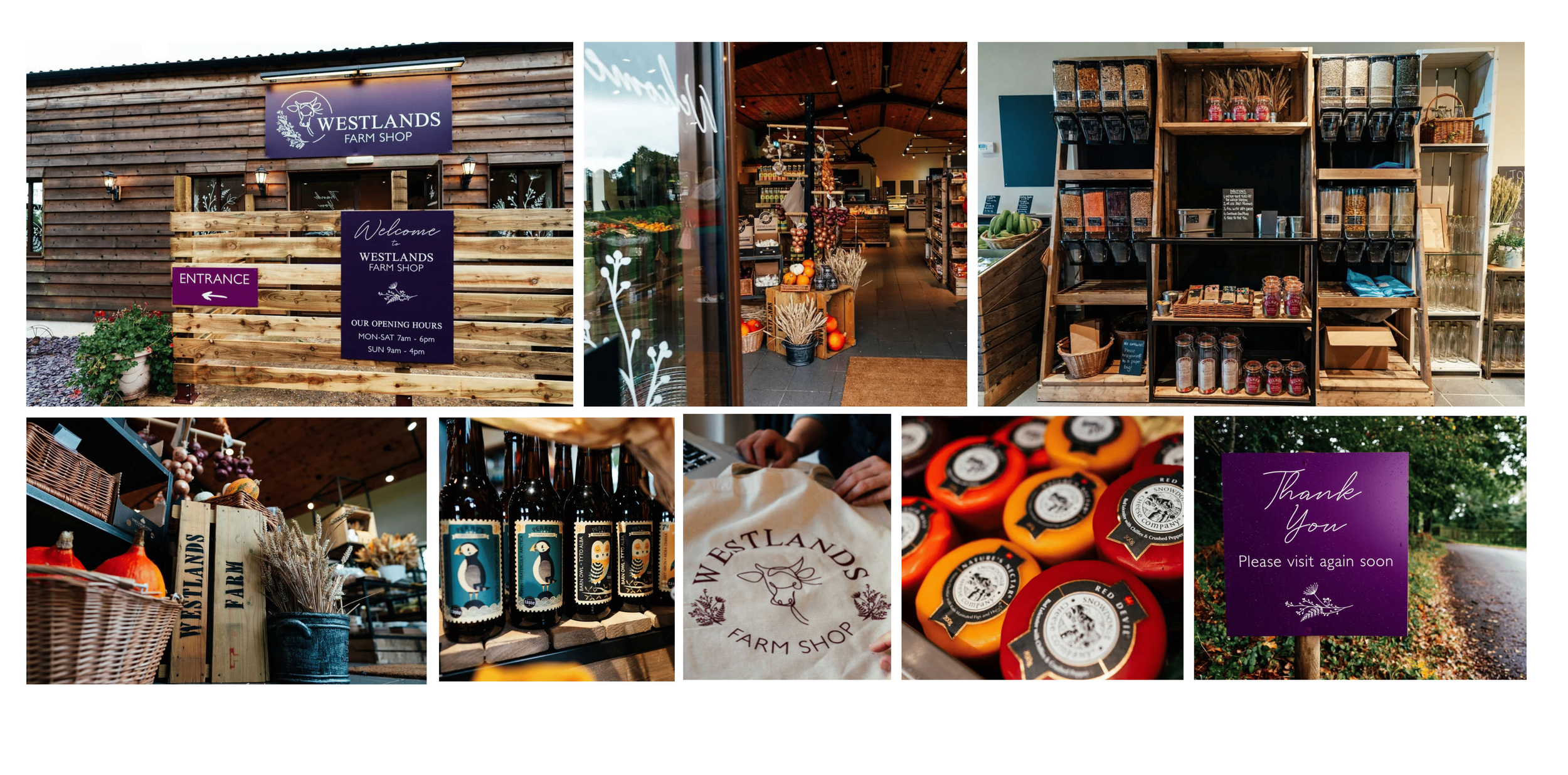 rural farmshop interior with custom furniture layout and interior design renovation, linked shelving shopfit to display produce, a refill station, custom branding and signange found on shop exterior and totebags, in a rustic and autumnal colours