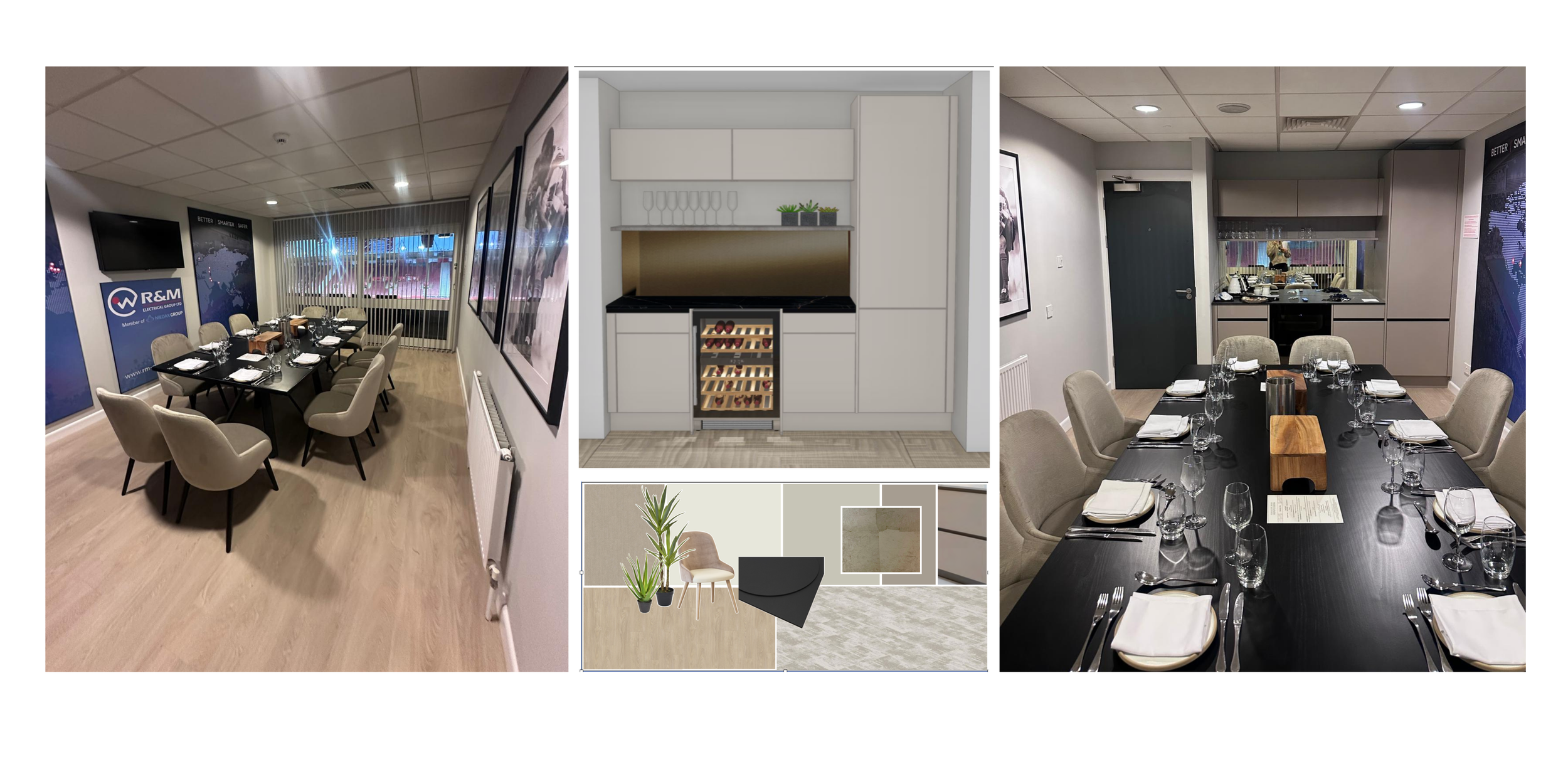 Refurbished hospitality box in football club featuring Moduleo flooring, dining table and chairs new from Contract chair compan, a custom interior design moodboard and a 3D visualisation for space planning, a vintage mirror splashback
