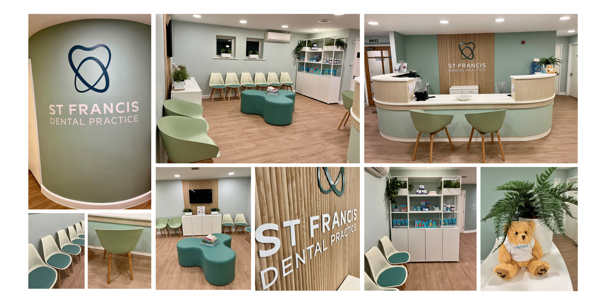 Dental surgery refurbishment, amtico wood flooring, wrapped desk and doors, effective space planning, full room makeover, Shelved storage, calming colour scheme in greens and blues using Little Greene paints