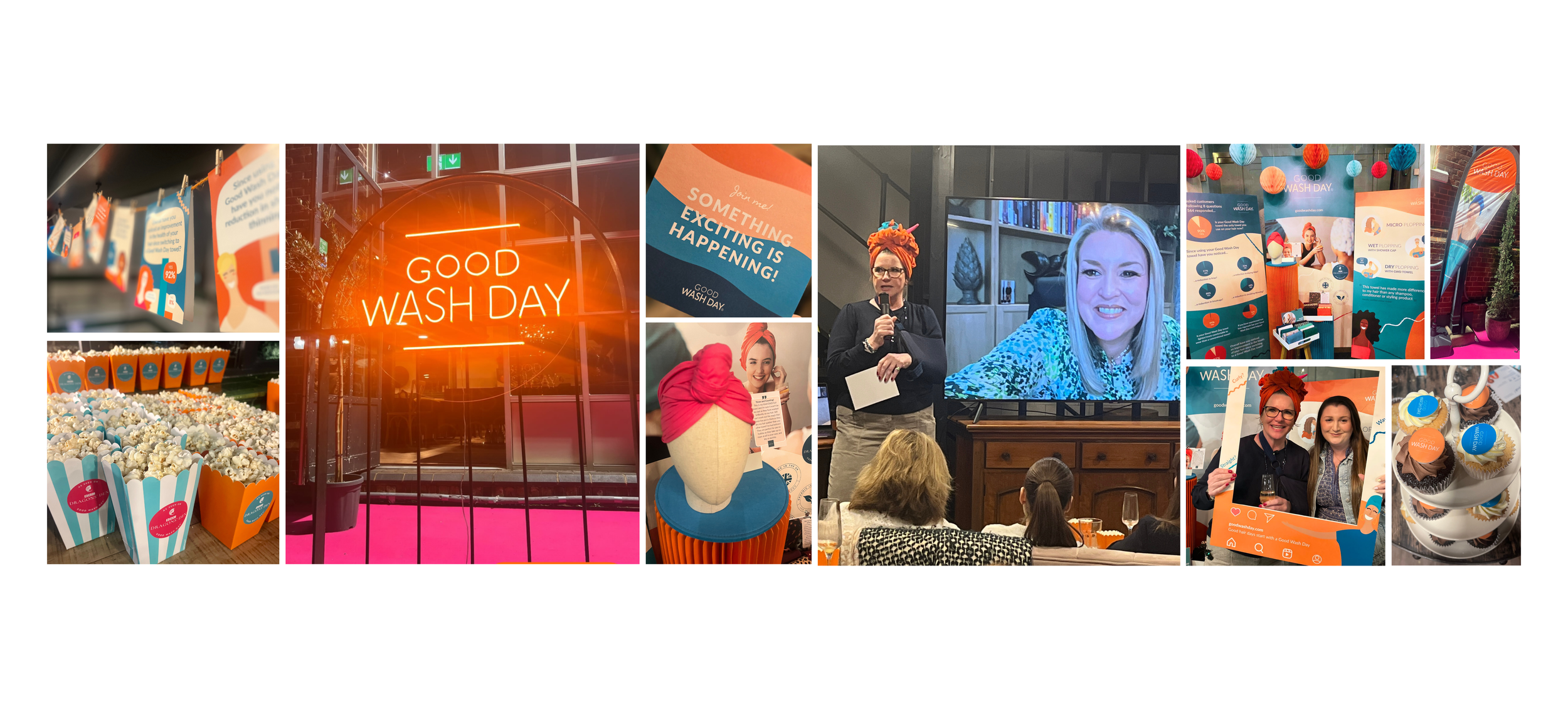 Good Wash Day Dragon's Den watch party featuring Sara Davies, for the launch of Good Wash Day Towels, event deisgn featuring branded popcorn, custom bunting with branded infographics, custom invitations, exhibition stand, selfie frame and cakes