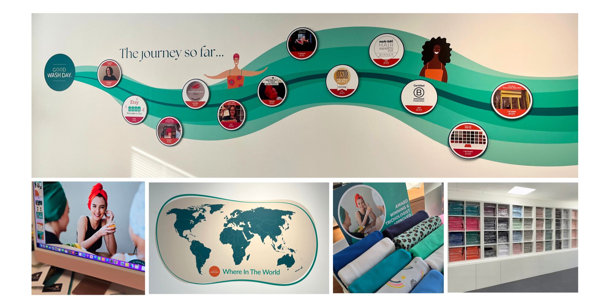 Good Wash Day office room makeover, storytime wall graphic and map, ikea storage for product storage and display