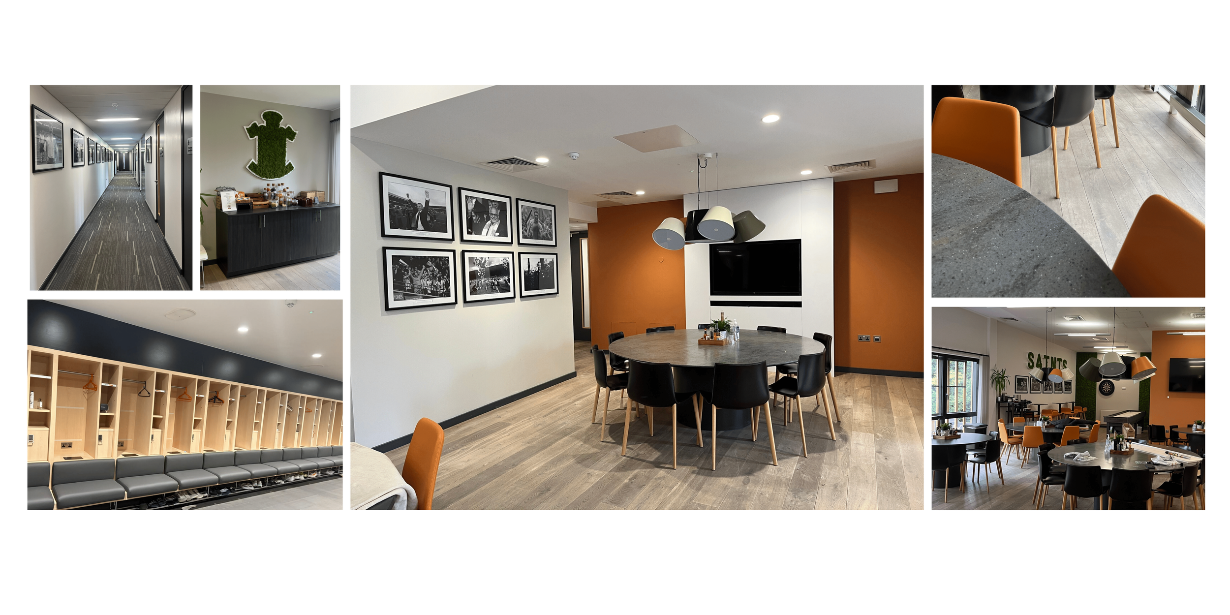 dining room at football training ground, full interior rebursihment with new furniture layout, colour scheme and aesthetic, corridor refurbishment and changing room
