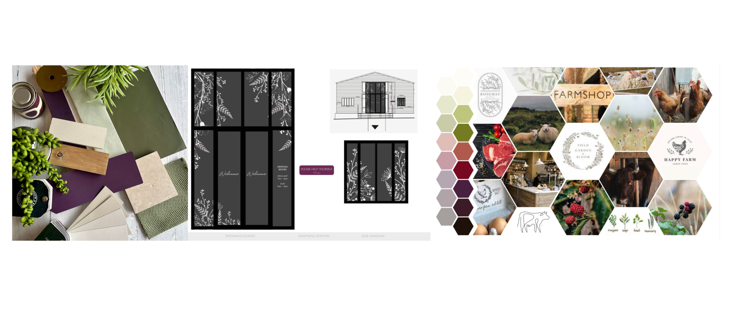 colour scheme for the farmshop interior, moodboard and window graphics