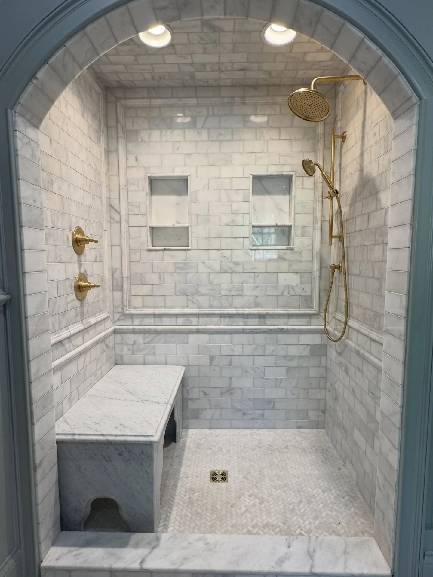 We love the way this shower is turning out. Interior Design by Whitney Shehane Contact us at hello@stevenscustomhomesllc.com #remodel #remodeling #knoxville #interiordesign #shower