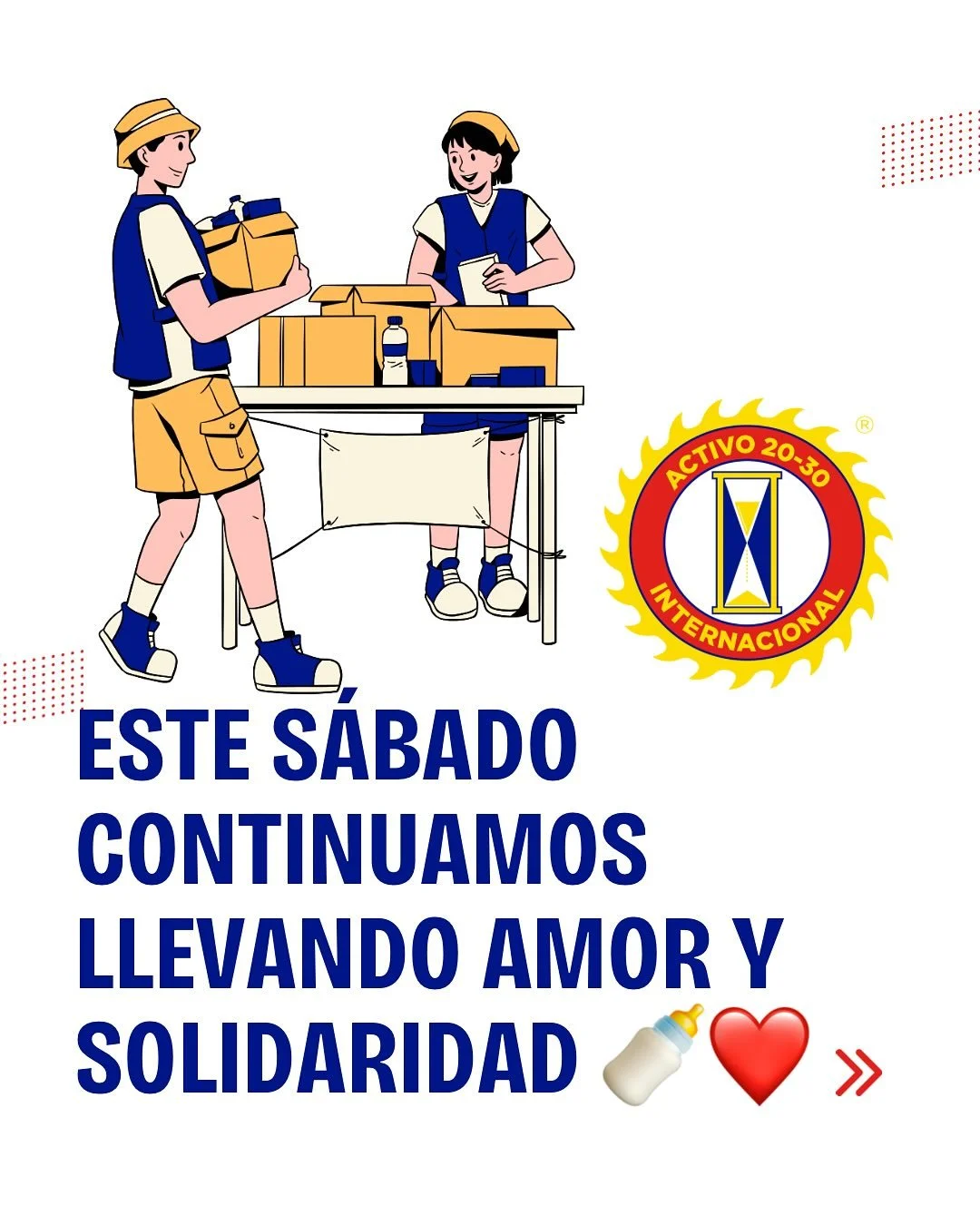 &iexcl;Este s&aacute;bado continuamos llevando amor y solidaridad! 🍼❤️

&Uacute;nete a la entrega en 7 albergues del Lechet&oacute;n Activo 20-30.

📍 Punto de encuentro: Casa Club
🕥 Hora: 10:30 a. m.

Para m&aacute;s informaci&oacute;n:
📞 +1 (829