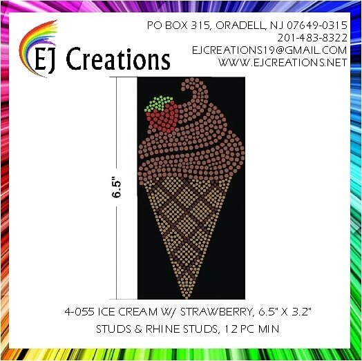 All New Ice Cream Designs.  Perfect for your Summer Swag.

Custom &amp; Stock made To Order. Your source for apparel trim, applique, sequins, stud stone motifs. Low minimums. Contact us for the latest designs and wholesale prices 201-483-8322 ejcreat