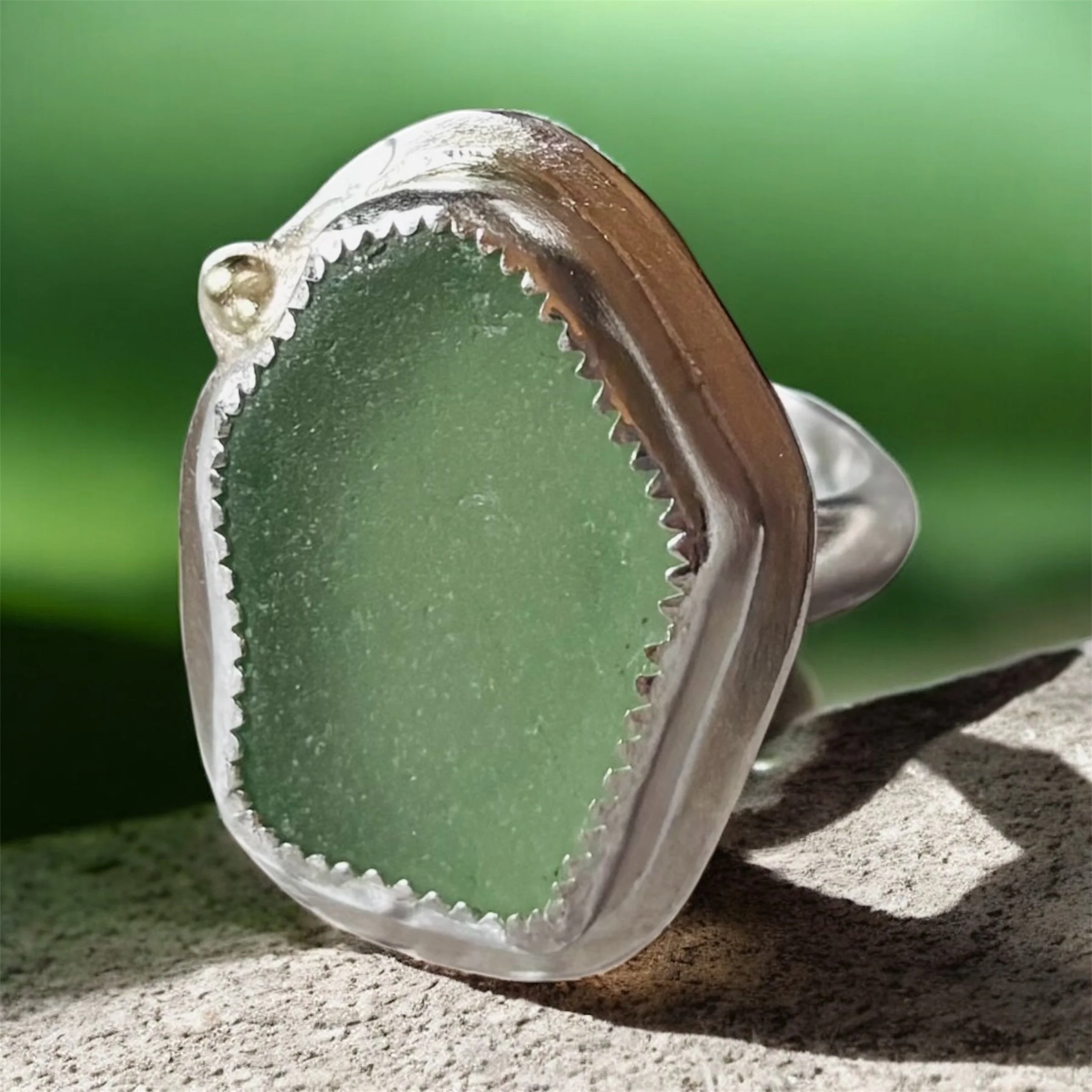 Seafoam Genuine Maine Seaglass Ring with Serrated Bezel and Bead of 14k Gold and Round Band. Size 8