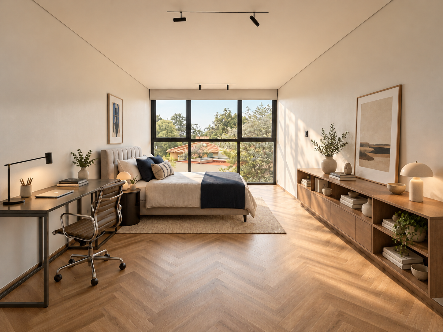 Dormitorio cálido con consola de diseño.png