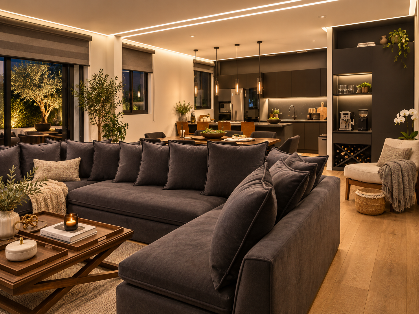 Sala de Casa 6 con sofá oscuro, comedor y cocina abierta al fondo.