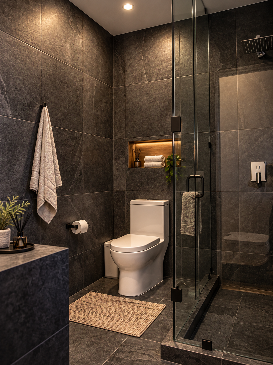 Baño de Casa 6 con revestimiento oscuro, lavabo, inodoro y regadera de vidrio.