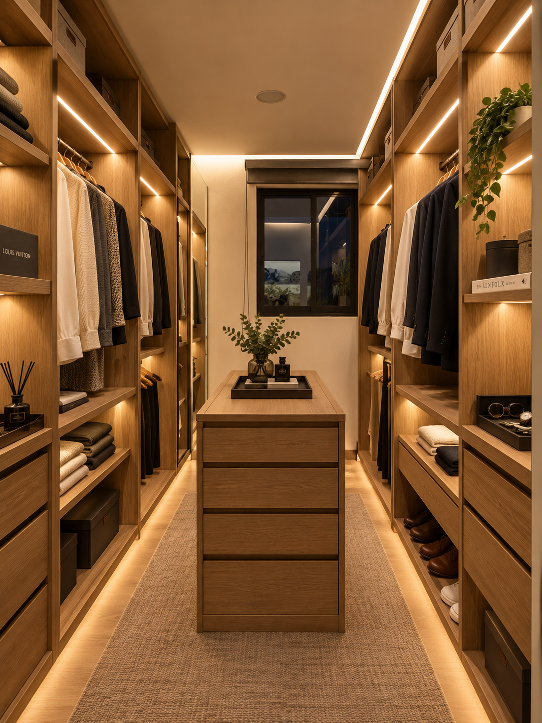Vestidor de Casa 6 con clósets de madera iluminados y cómoda central.