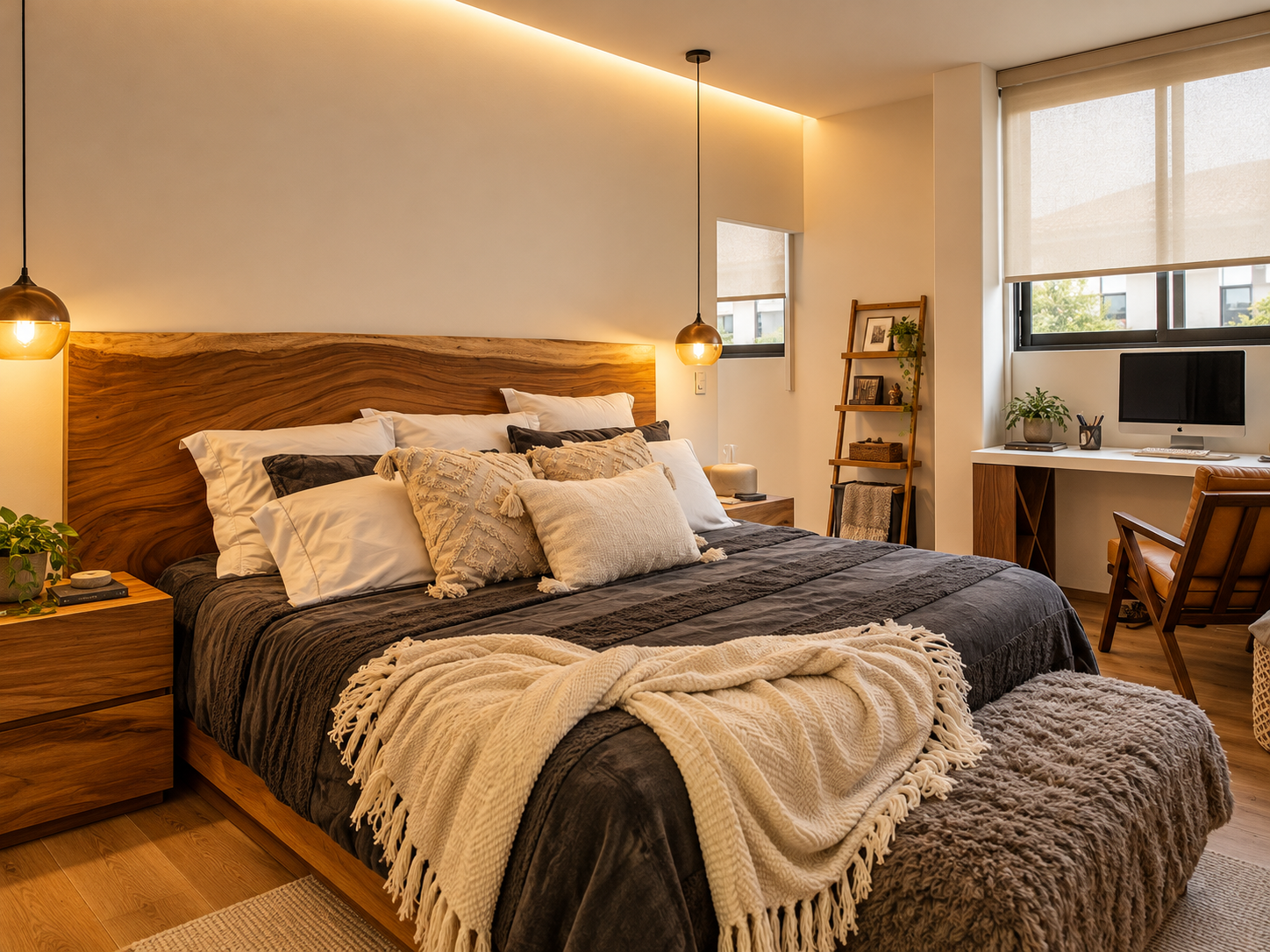 Recámara de Casa 6 con cabecera de madera, ropa de cama y escritorio junto a la ventana.