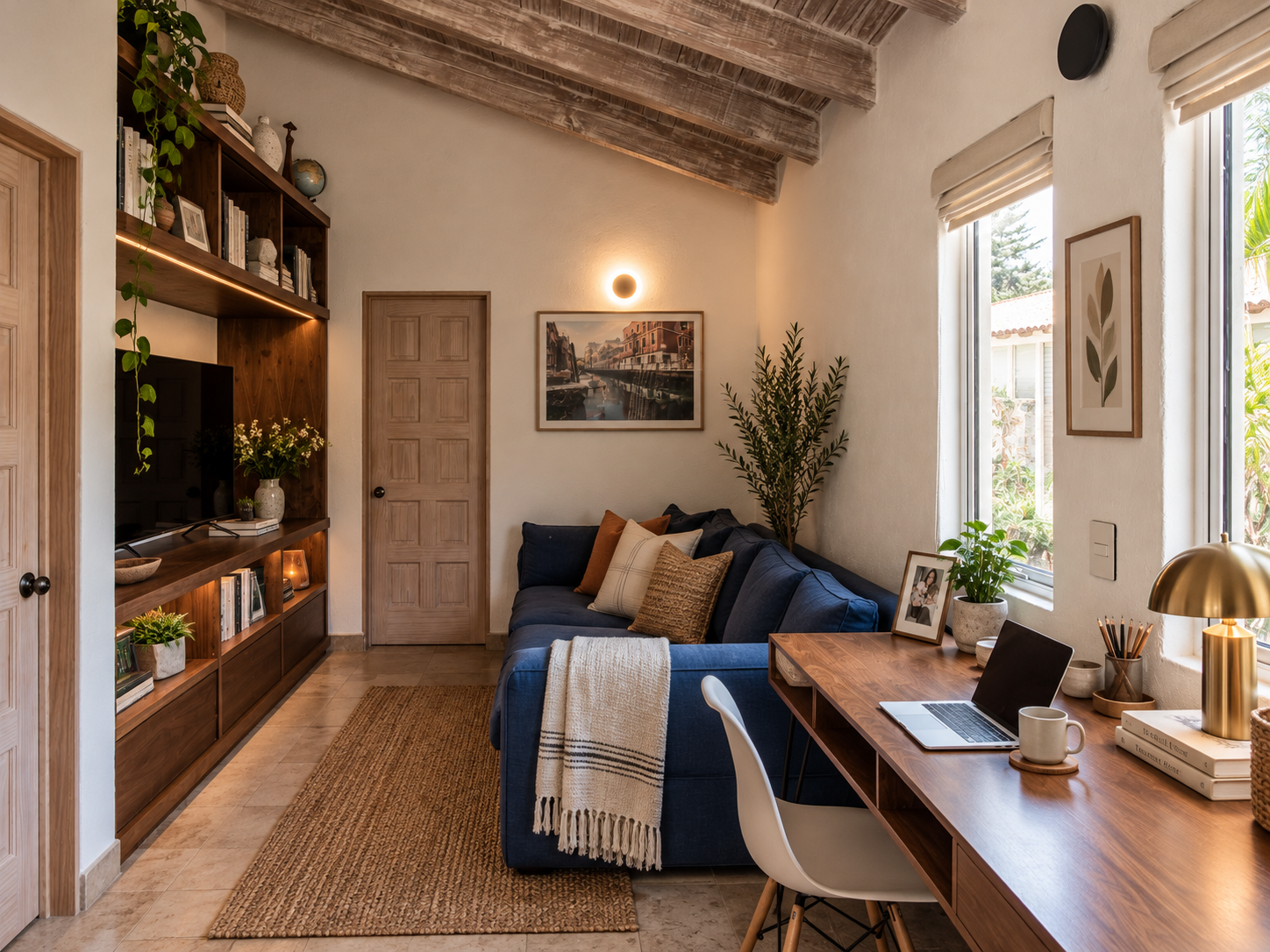 Estudio de Rancho San Bartolo con sofá azul, escritorio de madera, librero y vigas aparentes en el techo.