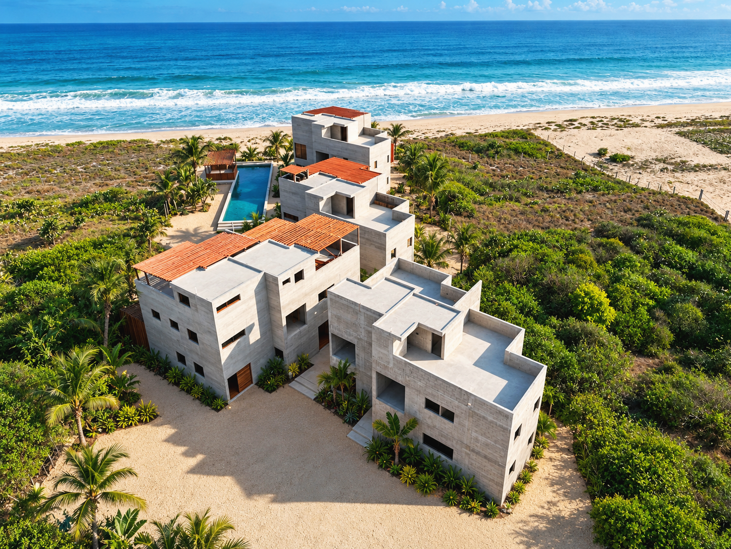 Alberca y vista al océano Pacífico en el desarrollo residencial Puerto Bambú, Puerto Escondido, Oaxaca.