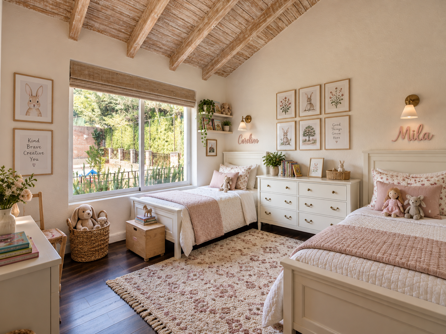 Recámara infantil de Rancho San Bartolo con dos camas blancas, cómoda central, ventana al jardín y vigas de madera.