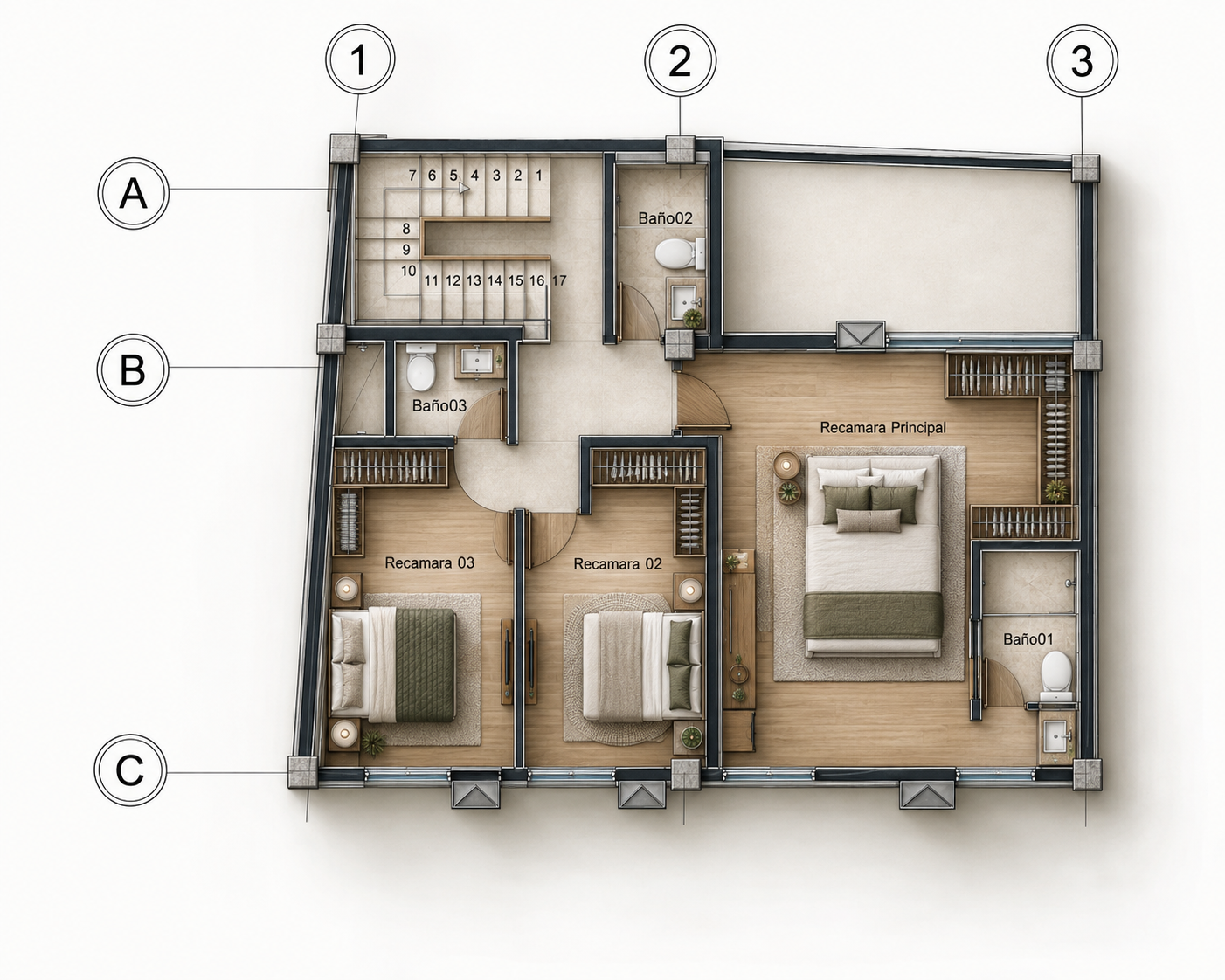 Planta de recámaras de Casa 6 con tres dormitorios, baños, clósets y escalera.