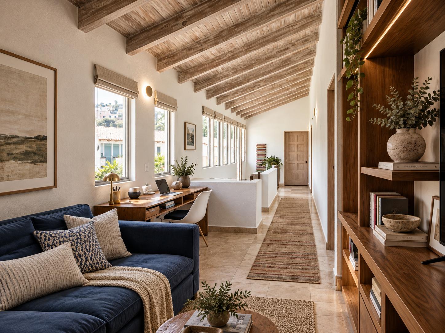 Vista del estudio y corredor de Rancho San Bartolo con sofá azul, escritorio junto a ventanas y cubierta de vigas.