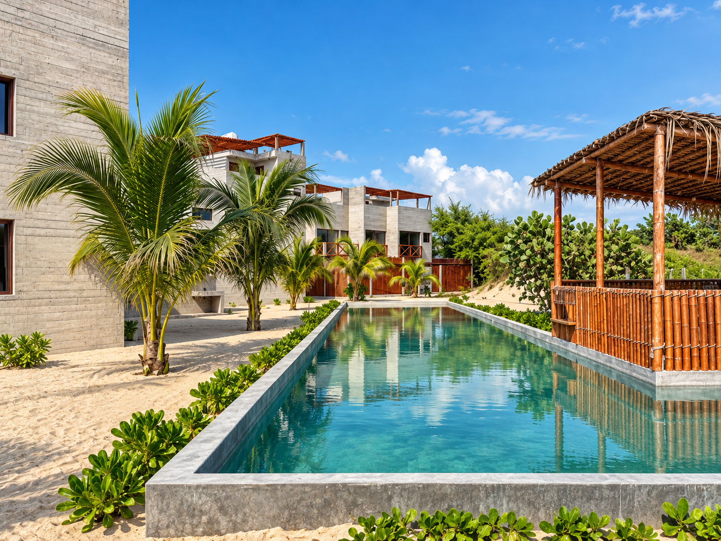 Fachadas de concreto aparente, terrazas y arquitectura contemporánea del desarrollo Puerto Bambú en Puerto Escondido, Oaxaca.