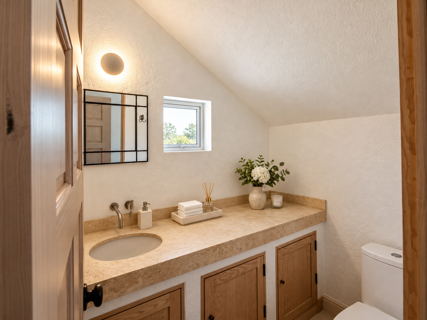 Baño de Rancho San Bartolo con lavabo sobre cubierta de piedra, mueble de madera y espejo negro.