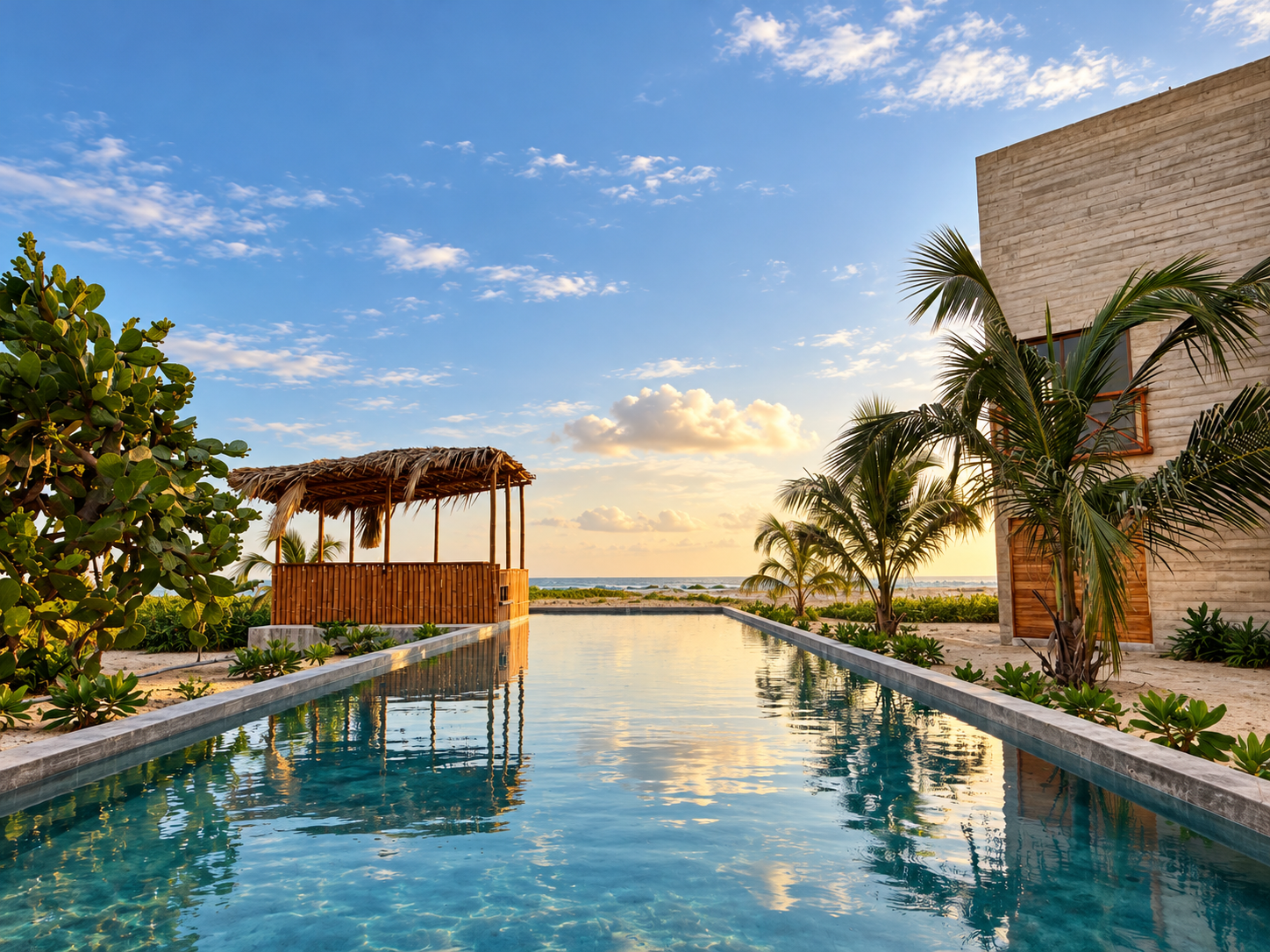 Alberca frente al océano Pacífico en Puerto Bambú, desarrollo residencial de casas en venta en Puerto Escondido, Oaxaca, diseñado por JG ARQS.