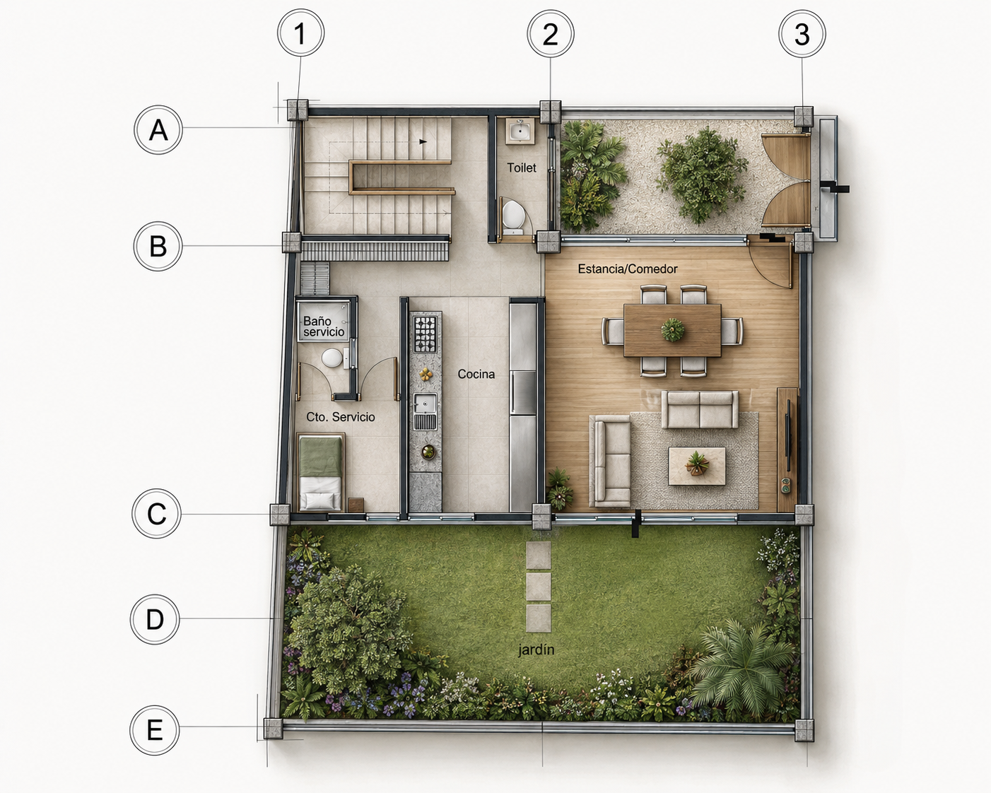 Planta de Casa 6 con cocina, estancia y comedor, jardín, escalera y área de servicio.