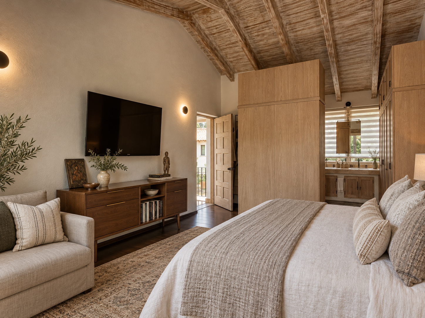 Vista de la recámara principal de Rancho San Bartolo hacia el mueble de televisión y vestidor de madera.