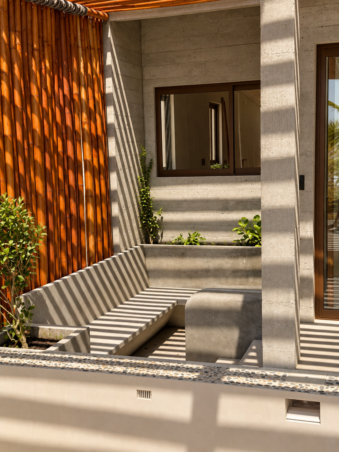 Detalle arquitectónico de concreto aparente, lavabos exteriores y acabados contemporáneos en Puerto Bambú, desarrollo residencial frente al mar en Puerto Escondido, Oaxaca, diseñado por JG ARQS.