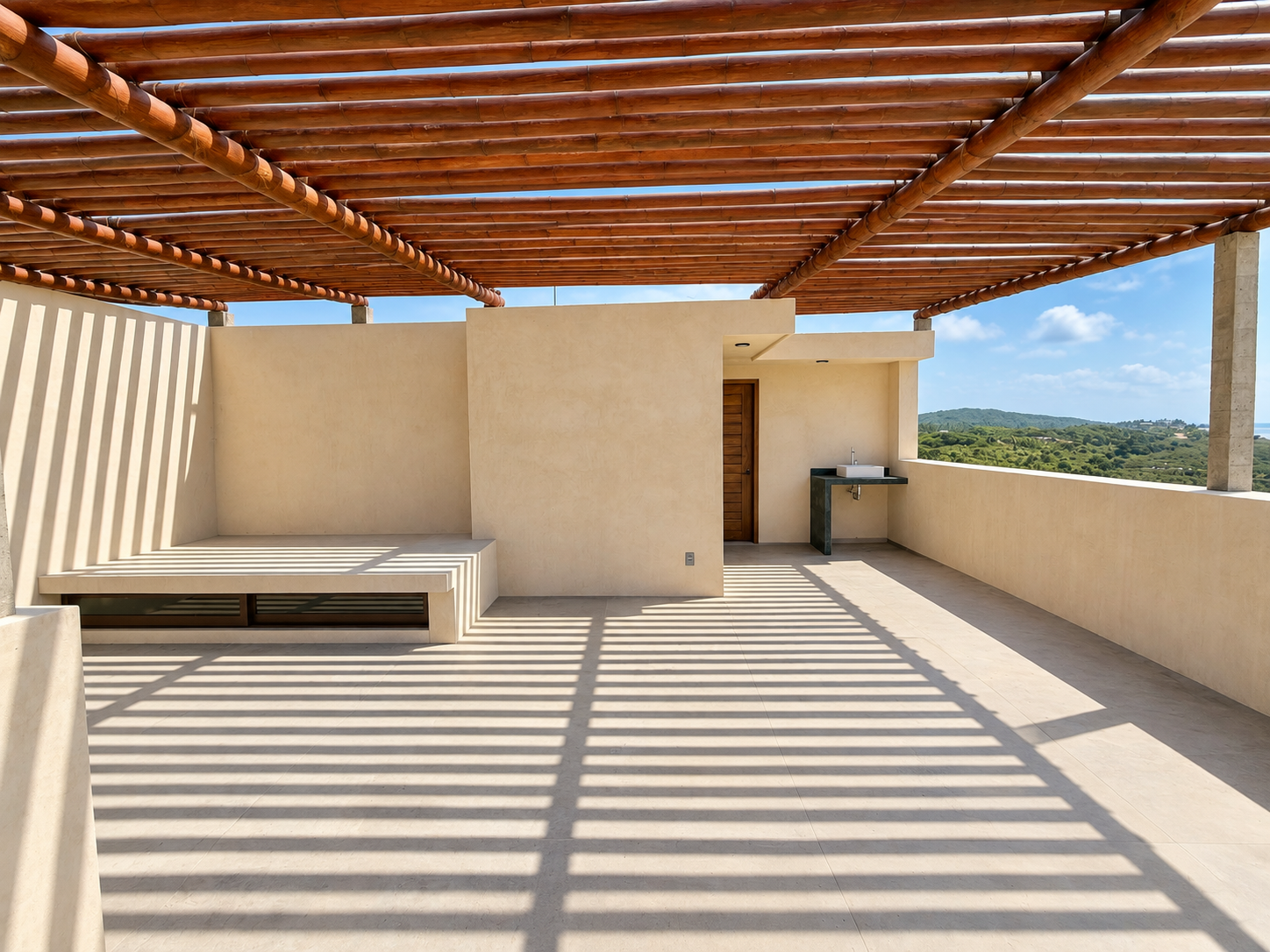 Alberca, palapa y residencias de arquitectura contemporánea rodeadas de vegetación tropical en Puerto Bambú, Puerto Escondido, Oaxaca.