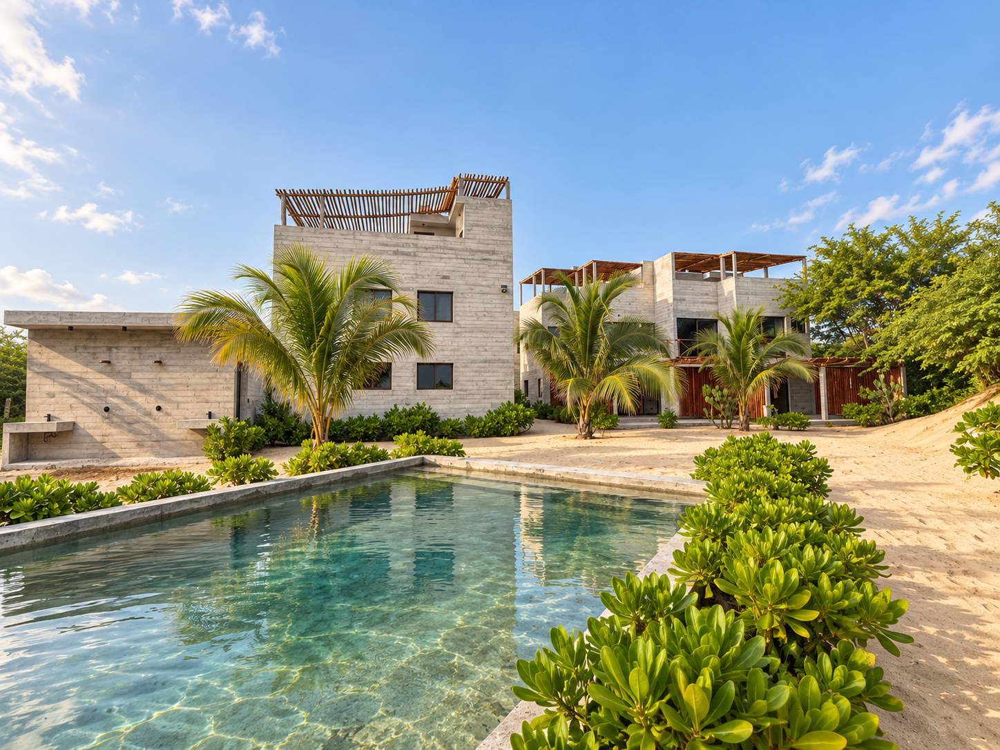Arquitectura contemporánea, residencias de concreto aparente, terrazas y alberca en Puerto Bambú, desarrollo residencial frente al océano Pacífico en Puerto Escondido, Oaxaca.